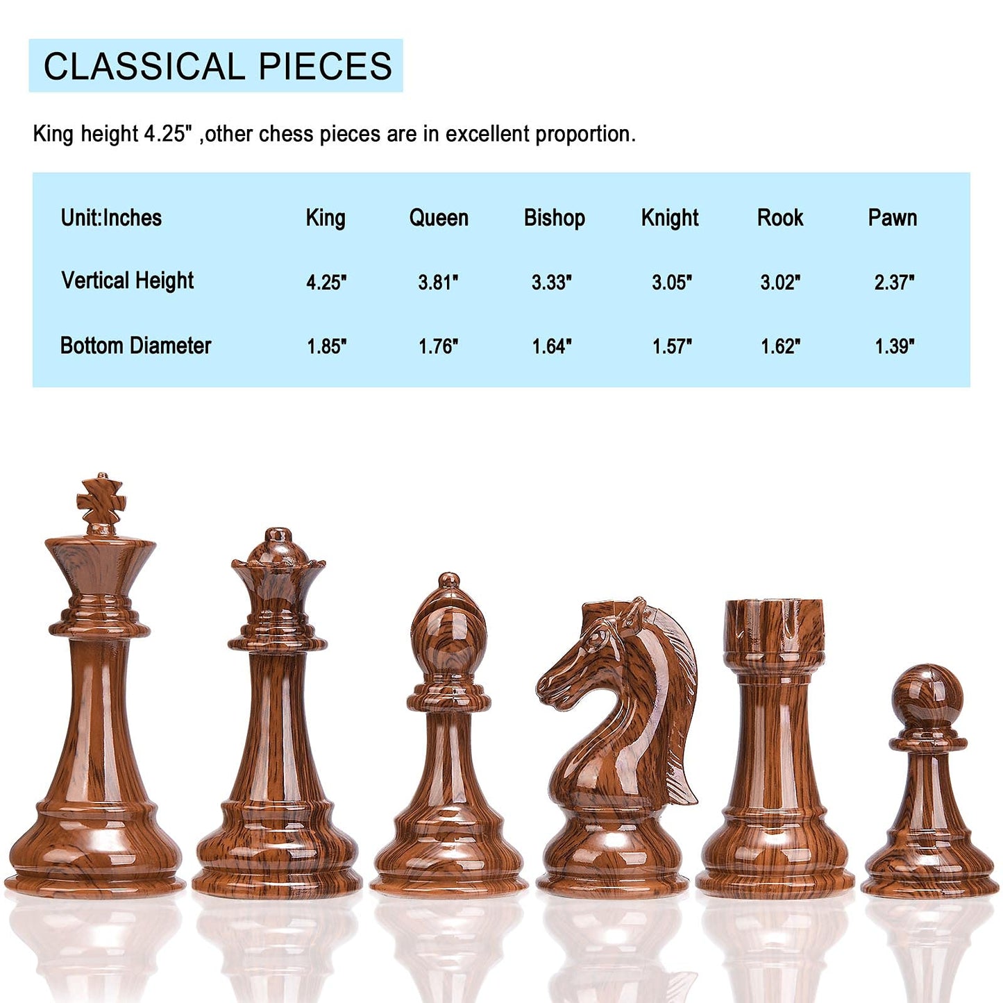 AMEROUS High Polymer Weighted Chess Pieces – 4.25" King, 2 Extra Queens | Gift Package | 34-Piece Tournament Set (Chess Pieces Only)