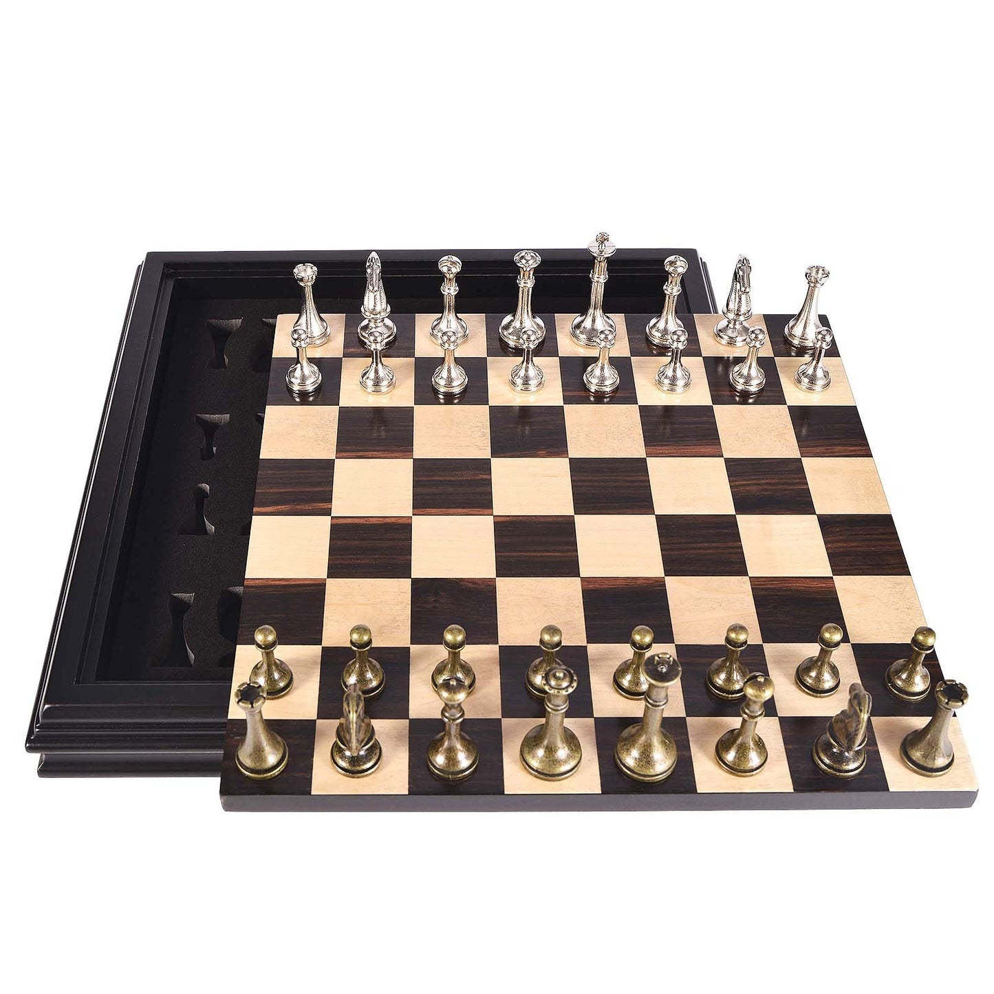 AMEROUS 12.5-Inch Wooden Chess Set with Metal Pieces – Portable & Elegant