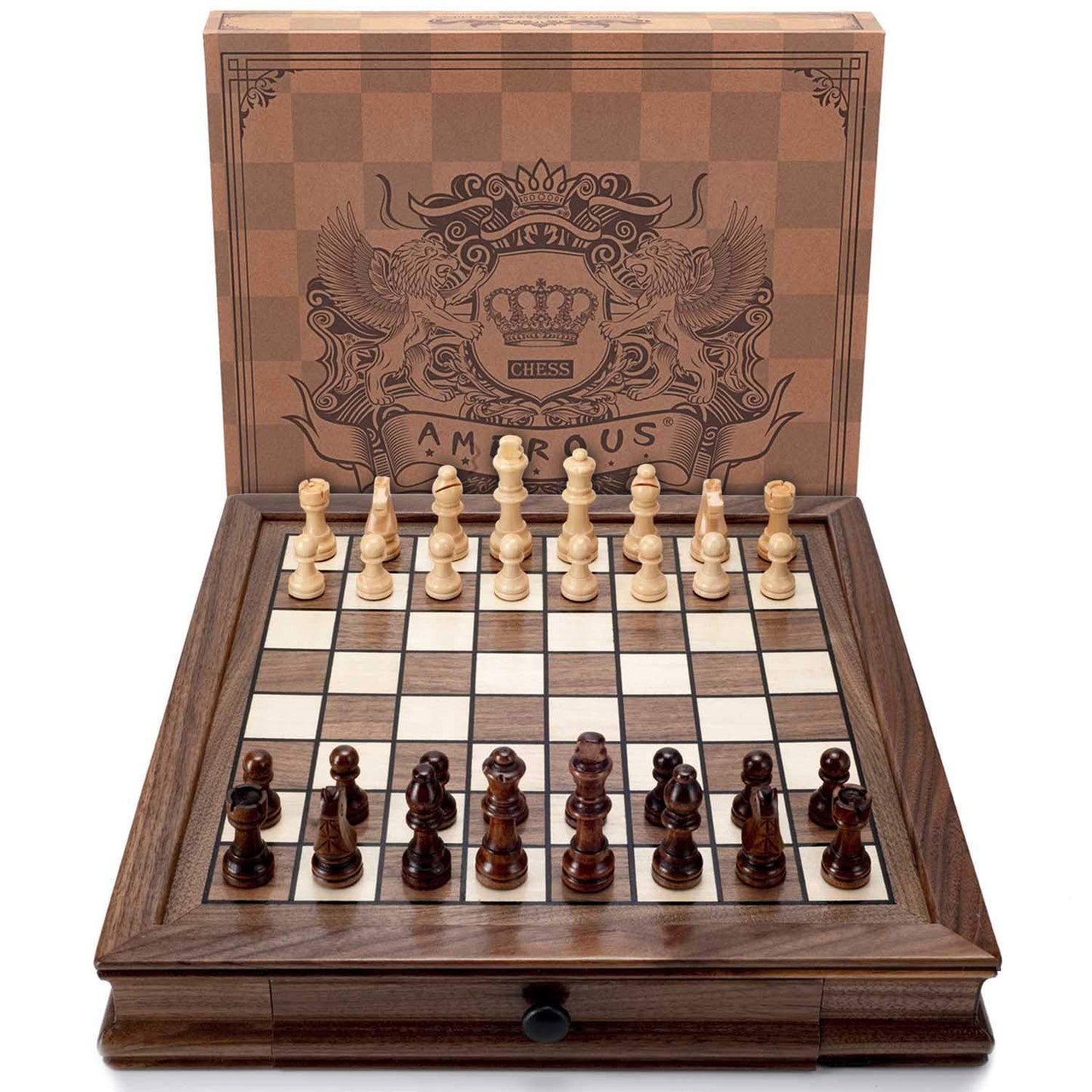 AMEROUS Magnetic Wooden Chess Set – 12.8-Inch Walnut Board, 2 Drawers, Bonus Queens, Gift Packaging