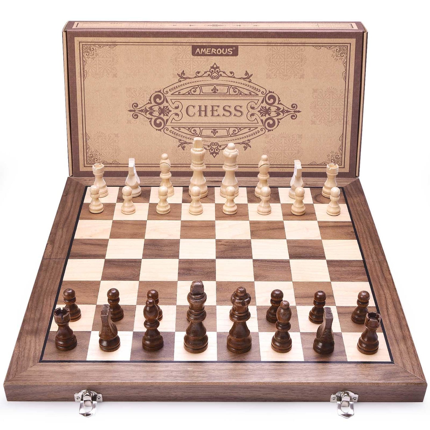 AMEROUS 15-Inch Magnetic Wooden Chess Set with 2 Extra Queens | Portable Folding Board