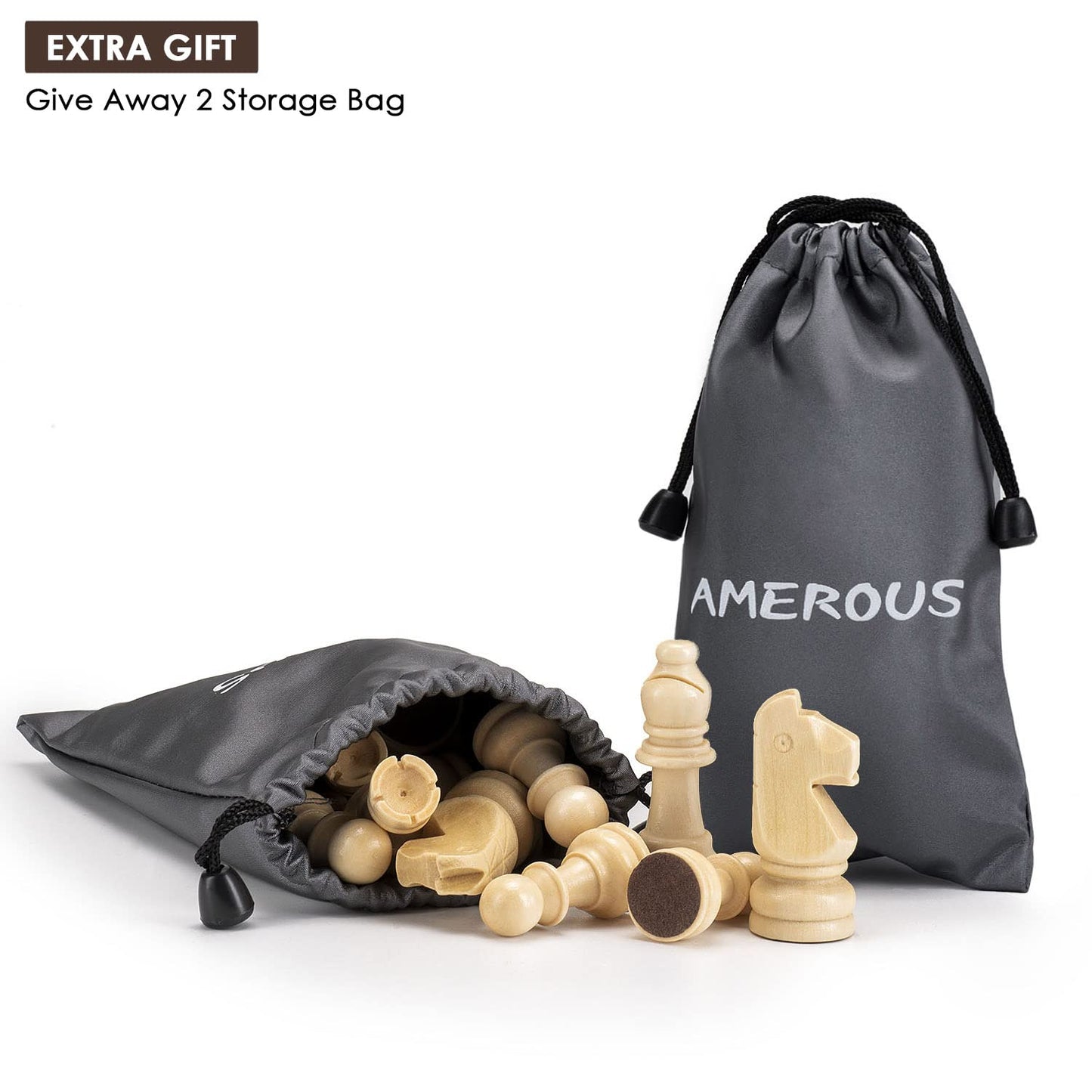 AMEROUS Staunton Wooden Chess Pieces Set – 3.15-Inch King, Storage Bag, Gift Box