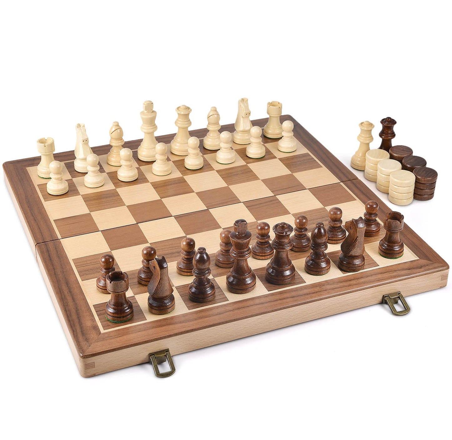 AMEROUS 15-Inch Wooden Chess & Checkers Set | 2-in-1 with Weighted Pieces & Extra Queens