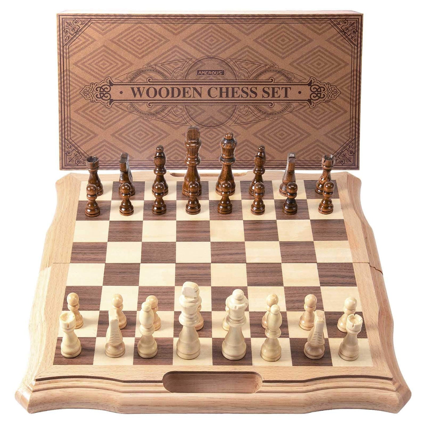 AMEROUS 15.6'' Magnetic Wooden Chess Set – Folding Board, 2 Extra Queens, Gift Package