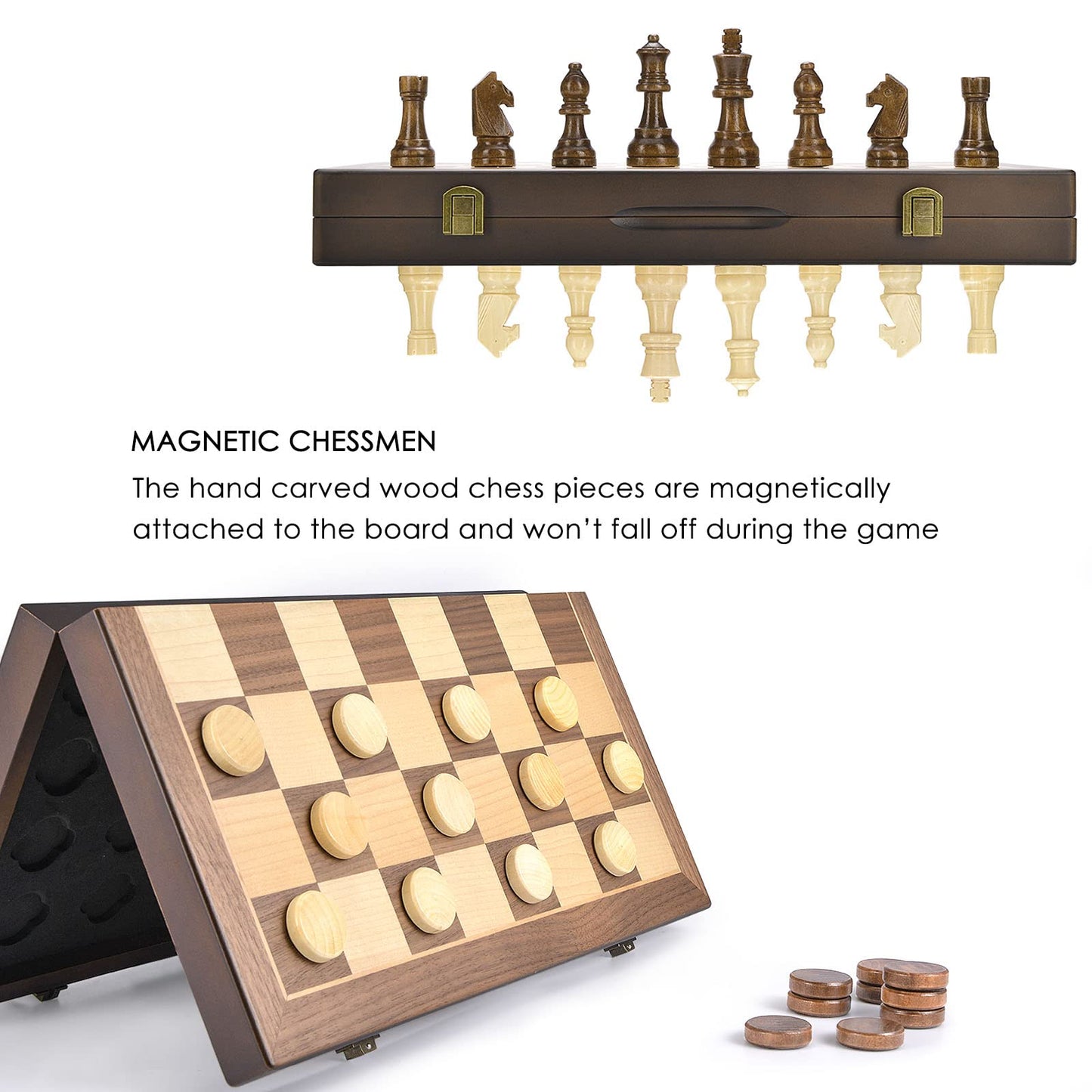 AMEROUS 15-Inch Magnetic Wooden Chess & Checkers Set – 2-in-1 Travel Chess Board
