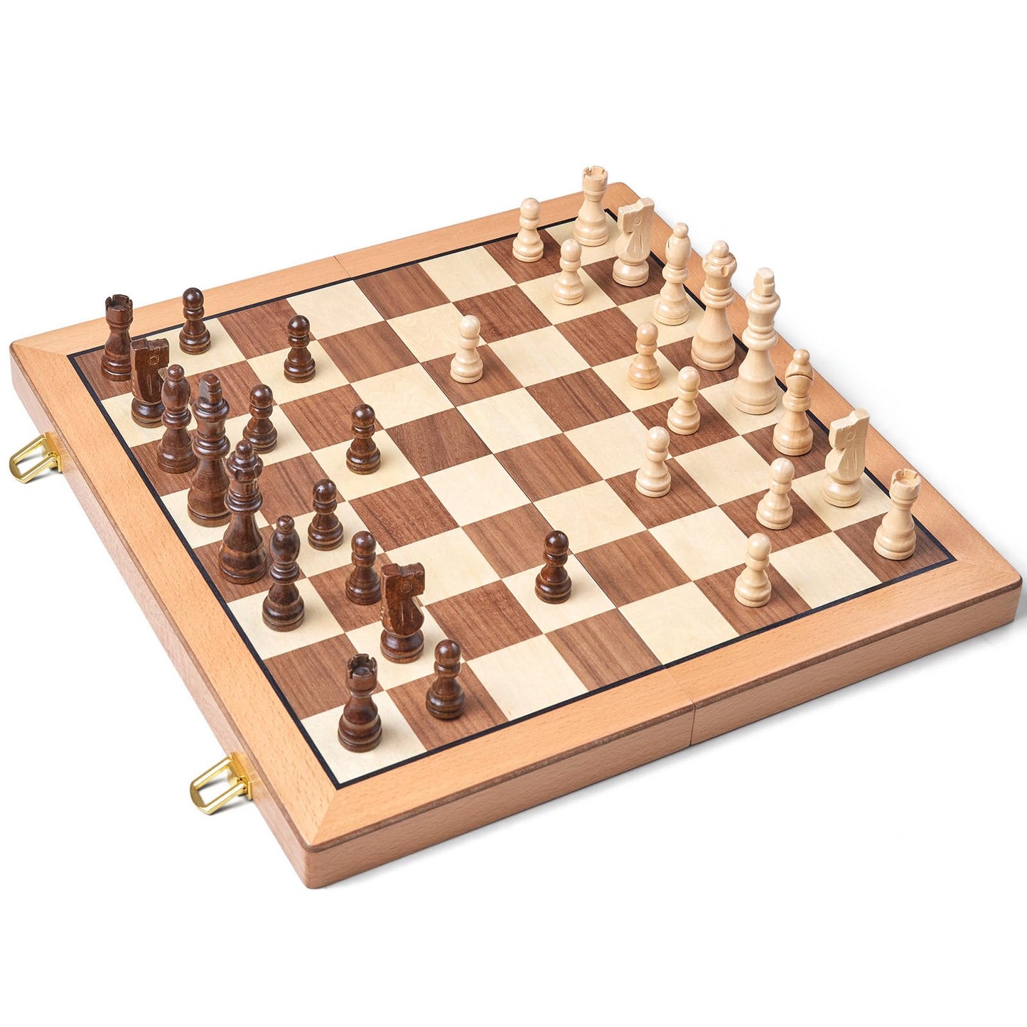 AMEROUS Magnetic Wooden Chess Set – 15-Inch Folding Travel Board with Storage & 2 Extra Queens