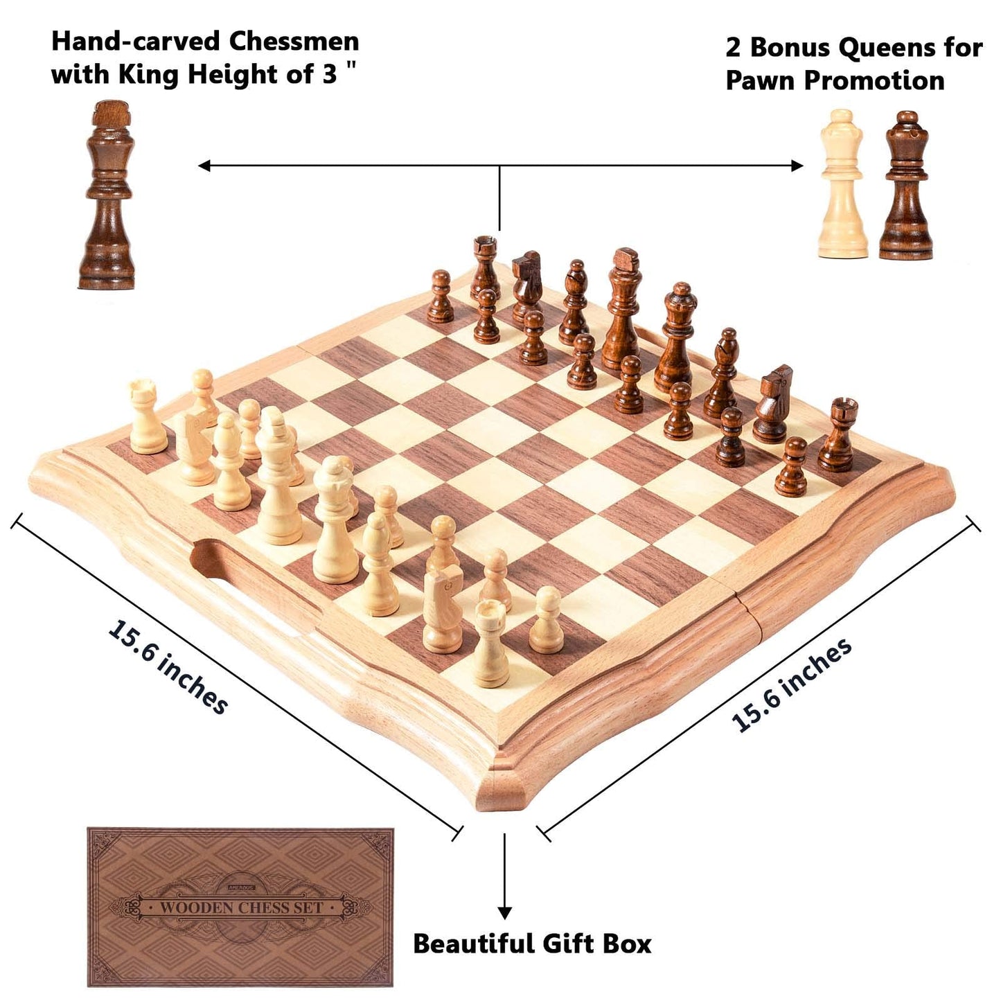 AMEROUS 15.6'' Magnetic Wooden Chess Set – Folding Board, 2 Extra Queens, Gift Package