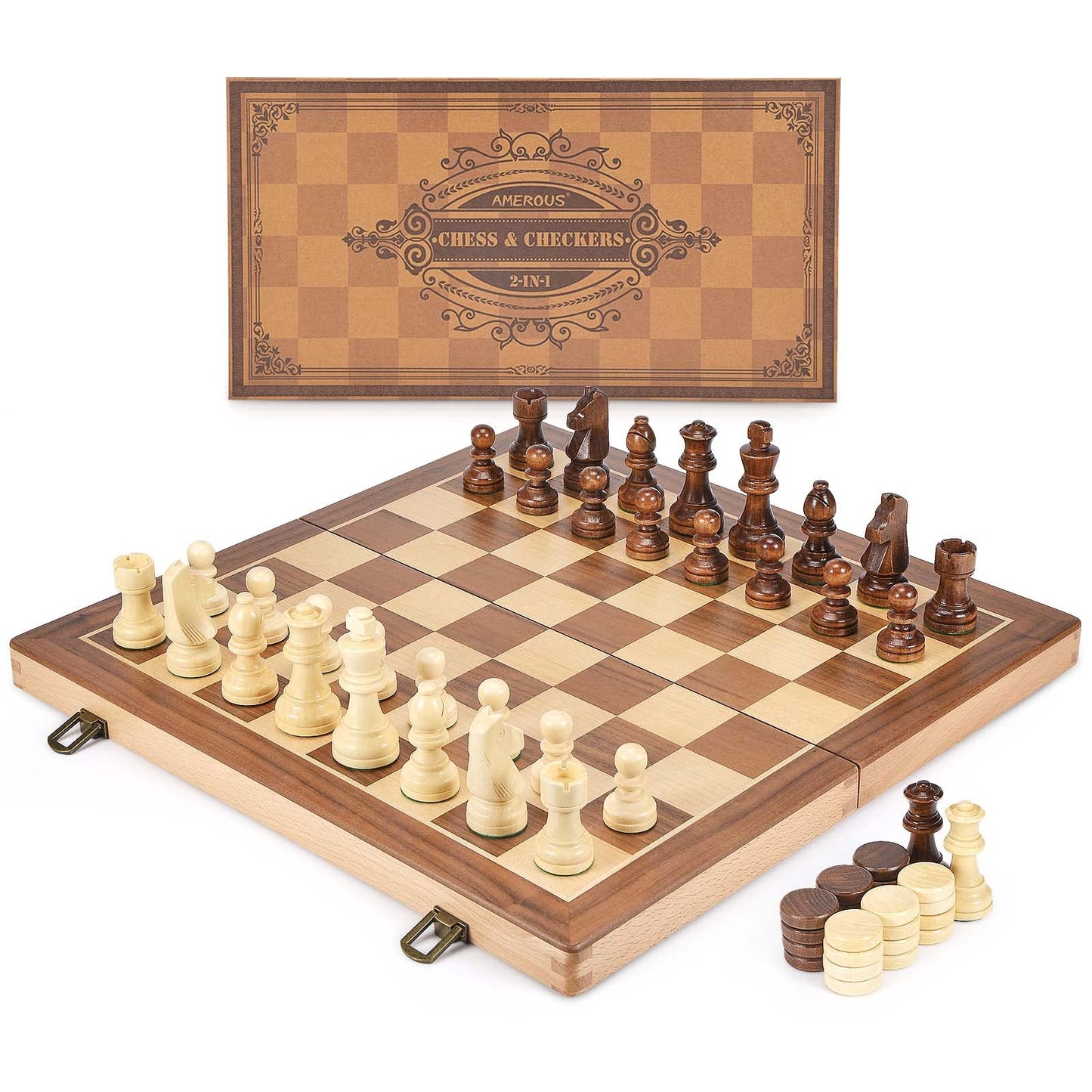 AMEROUS 15-Inch Wooden Chess & Checkers Set | 2-in-1 with Weighted Pieces & Extra Queens