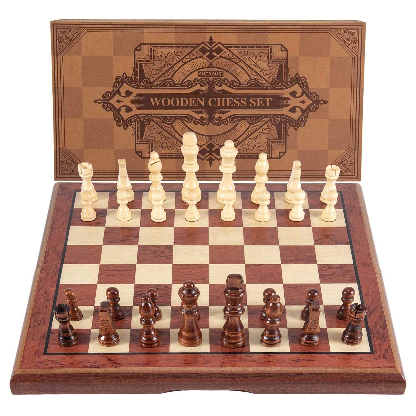 AMEROUS 15-inch Magnetic Wooden Chess Set - Folding Board, 2 Extra Queens, Travel Gift Box