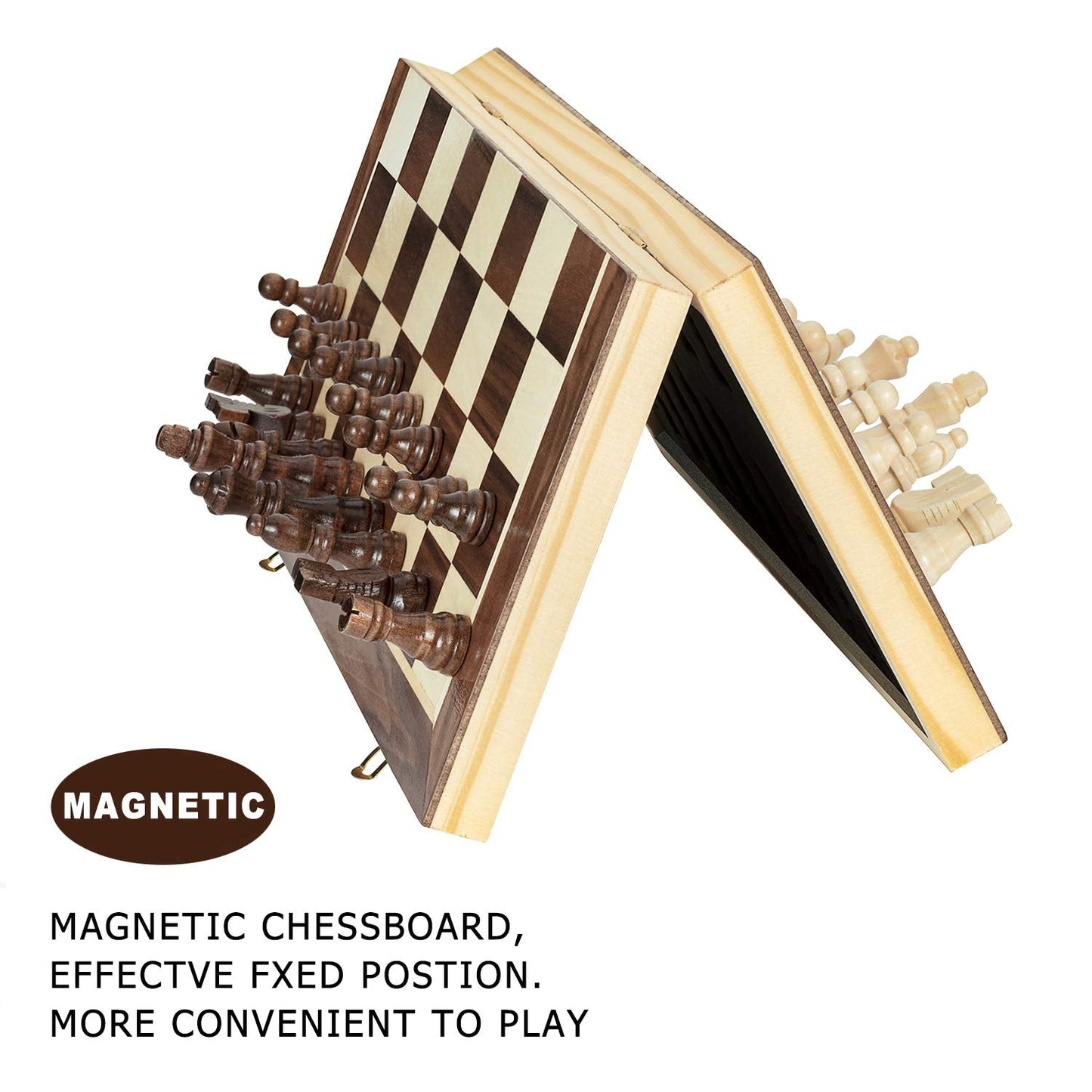 AMEROUS 15-Inch Magnetic Wooden Chess Set – Folding Travel Chess with 2 Extra Queens