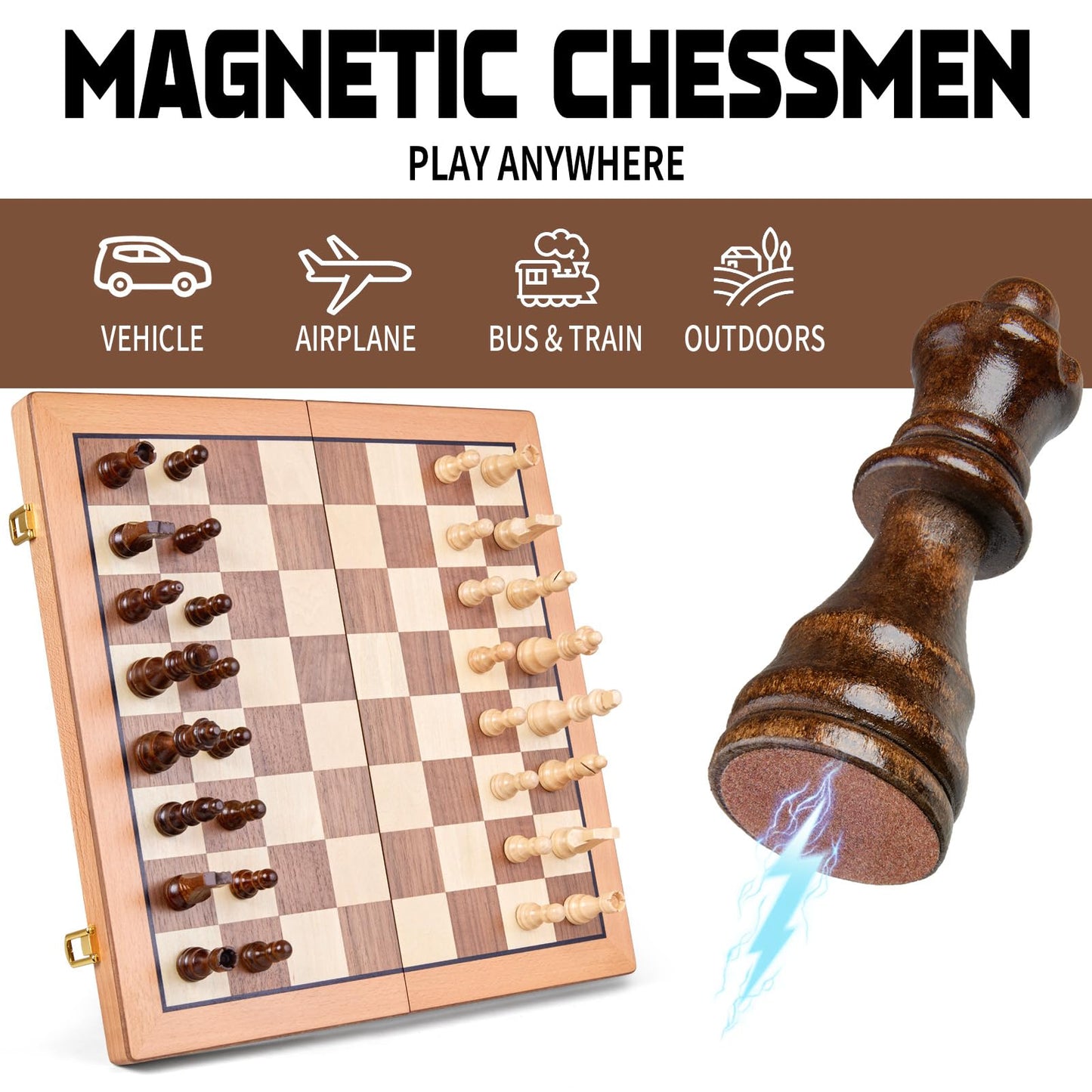 AMEROUS Magnetic Wooden Chess Set – 15-Inch Folding Travel Board with Storage & 2 Extra Queens