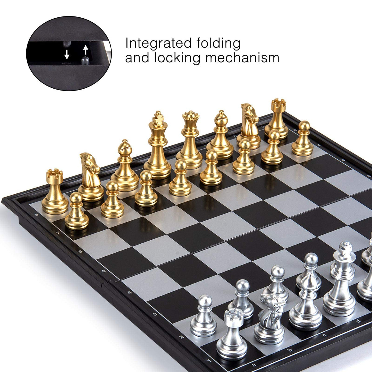 AMEROUS 10'' Magnetic Travel Chess Set – Portable Folding Board with Gold & Silver Pieces, 2 Extra Queens