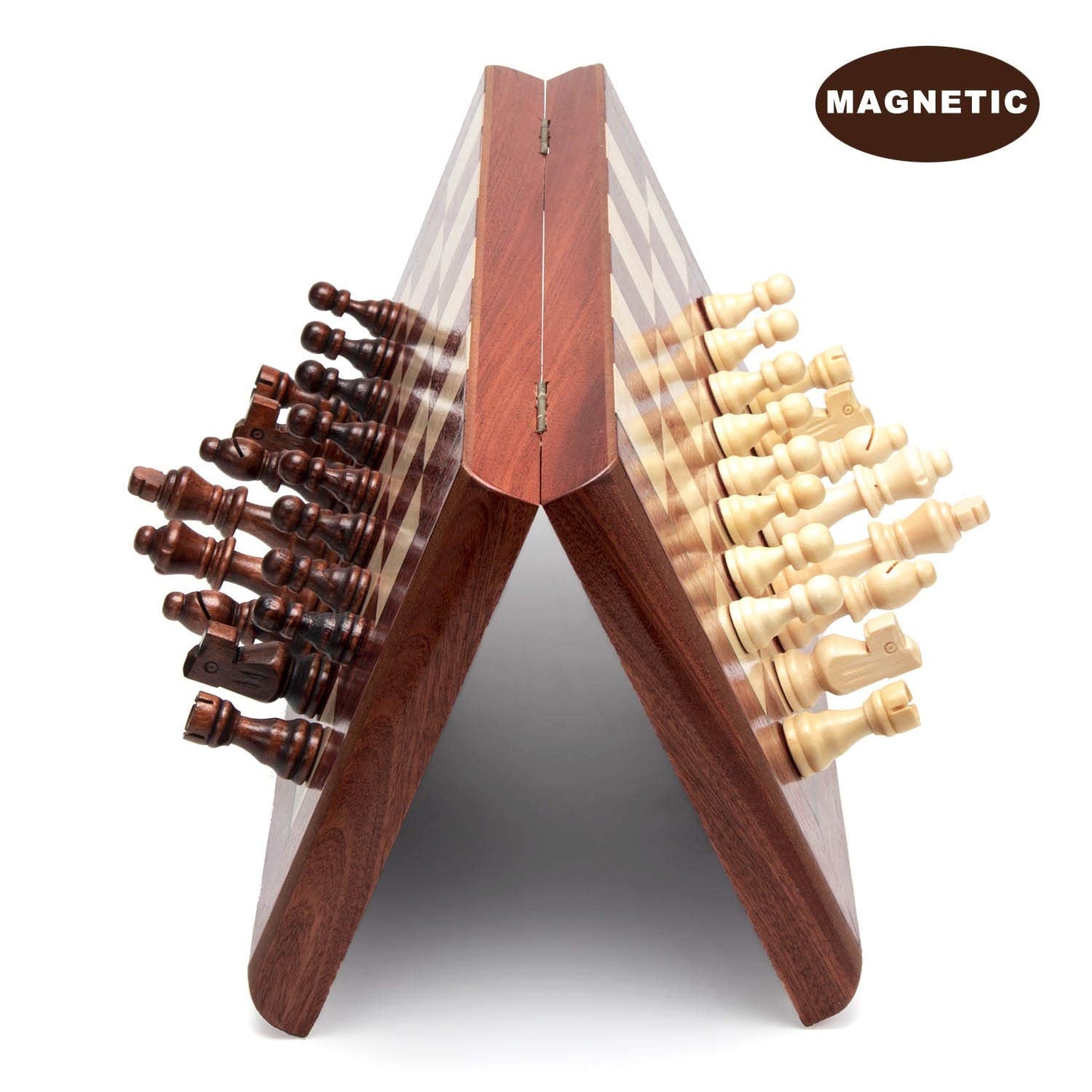 AMEROUS 15-inch Magnetic Wooden Chess Set - Folding Board, 2 Extra Queens, Travel Gift Box