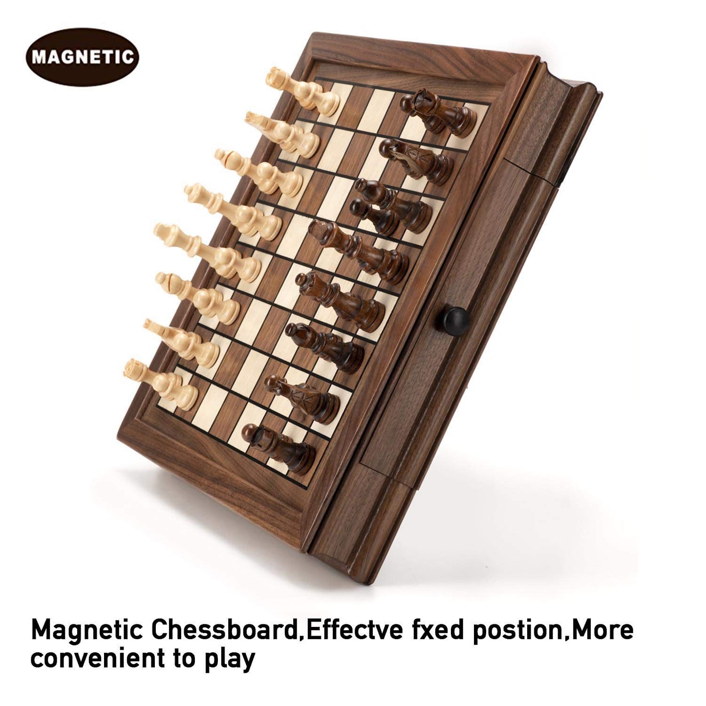 AMEROUS Magnetic Wooden Chess Set – 12.8-Inch Walnut Board, 2 Drawers, Bonus Queens, Gift Packaging