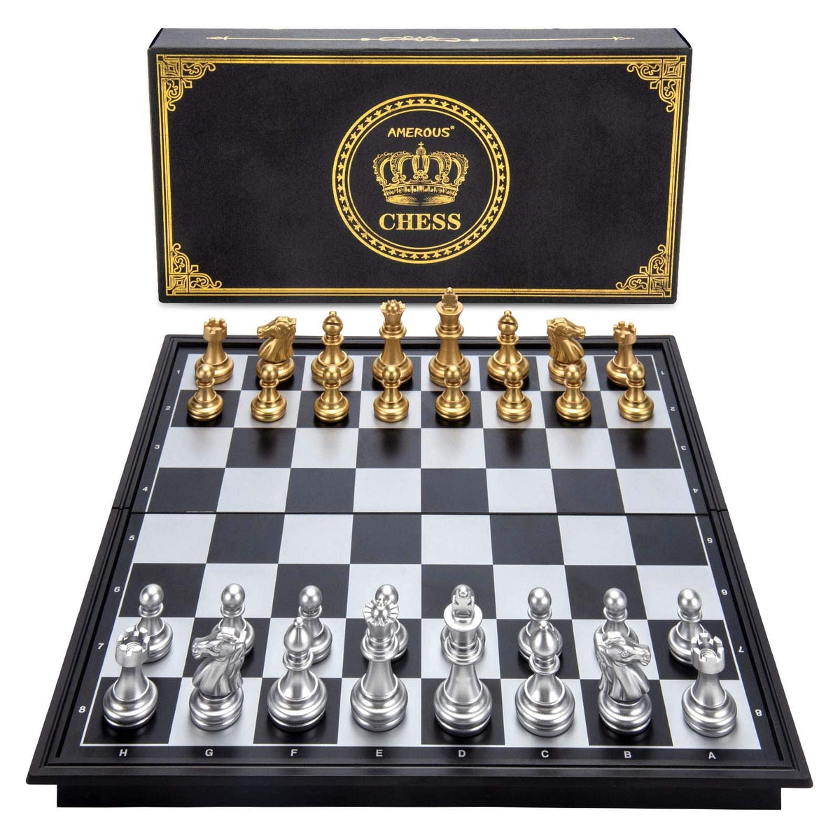 AMEROUS 10'' Magnetic Travel Chess Set – Portable Folding Board with Gold & Silver Pieces, 2 Extra Queens