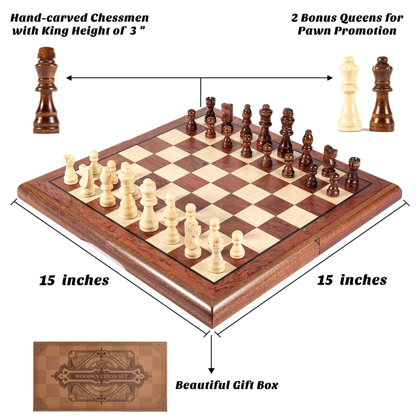 AMEROUS 15-inch Magnetic Wooden Chess Set - Folding Board, 2 Extra Queens, Travel Gift Box