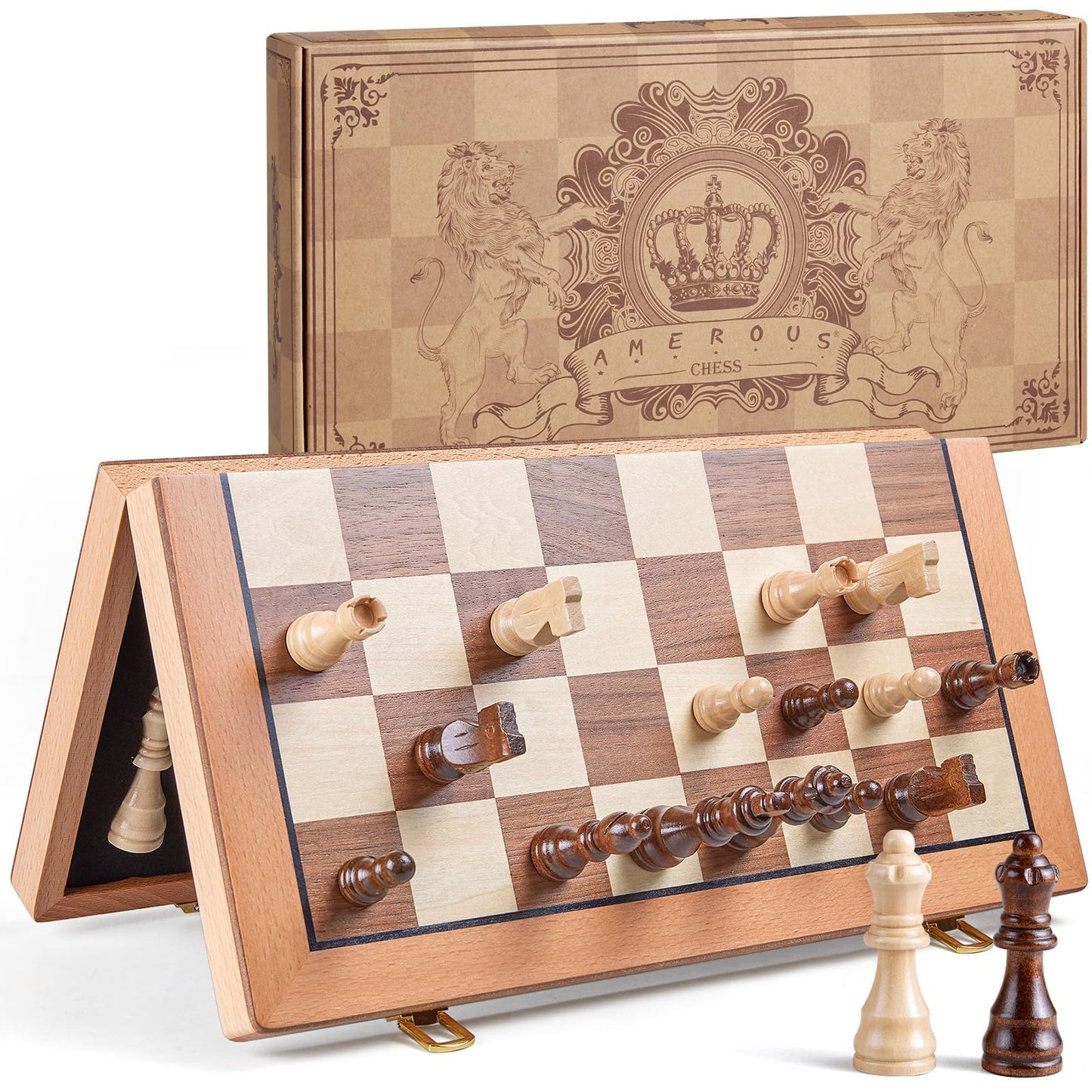 AMEROUS Magnetic Wooden Chess Set – 15-Inch Folding Travel Board with Storage & 2 Extra Queens