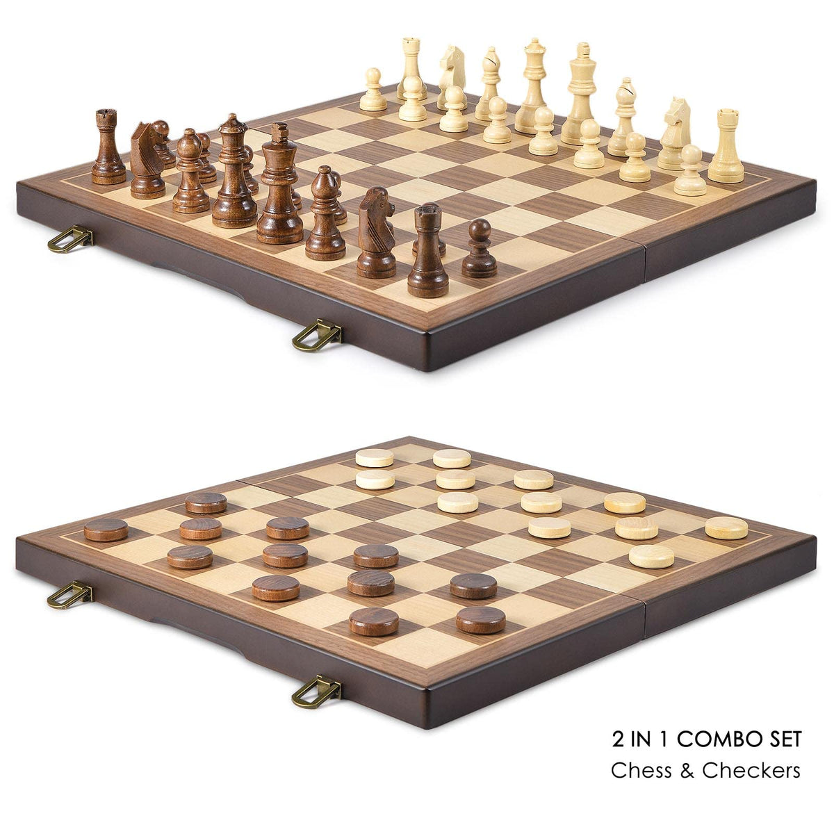 AMEROUS 15-Inch Magnetic Wooden Chess & Checkers Set – 2-in-1 Travel Chess Board