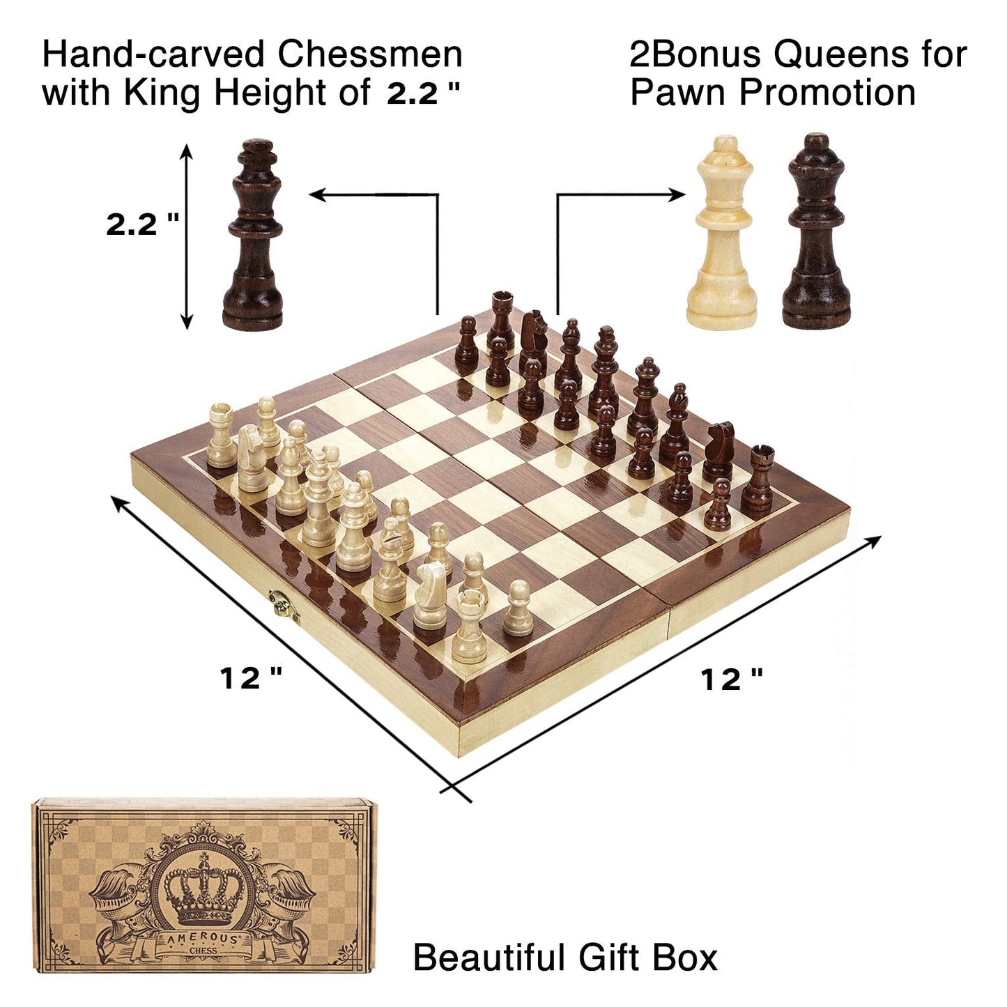 AMEROUS 12x12 Magnetic Wooden Chess Set — Folding Travel Board with Storage & 2 Bonus Queens