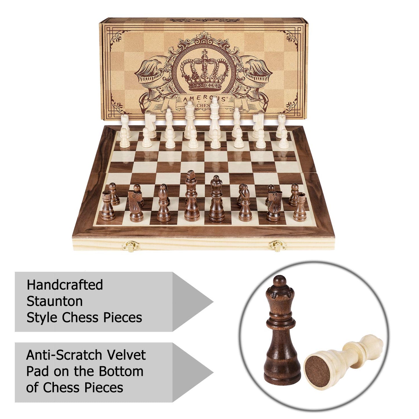 AMEROUS 15-Inch Magnetic Wooden Chess Set – Folding Travel Chess with 2 Extra Queens