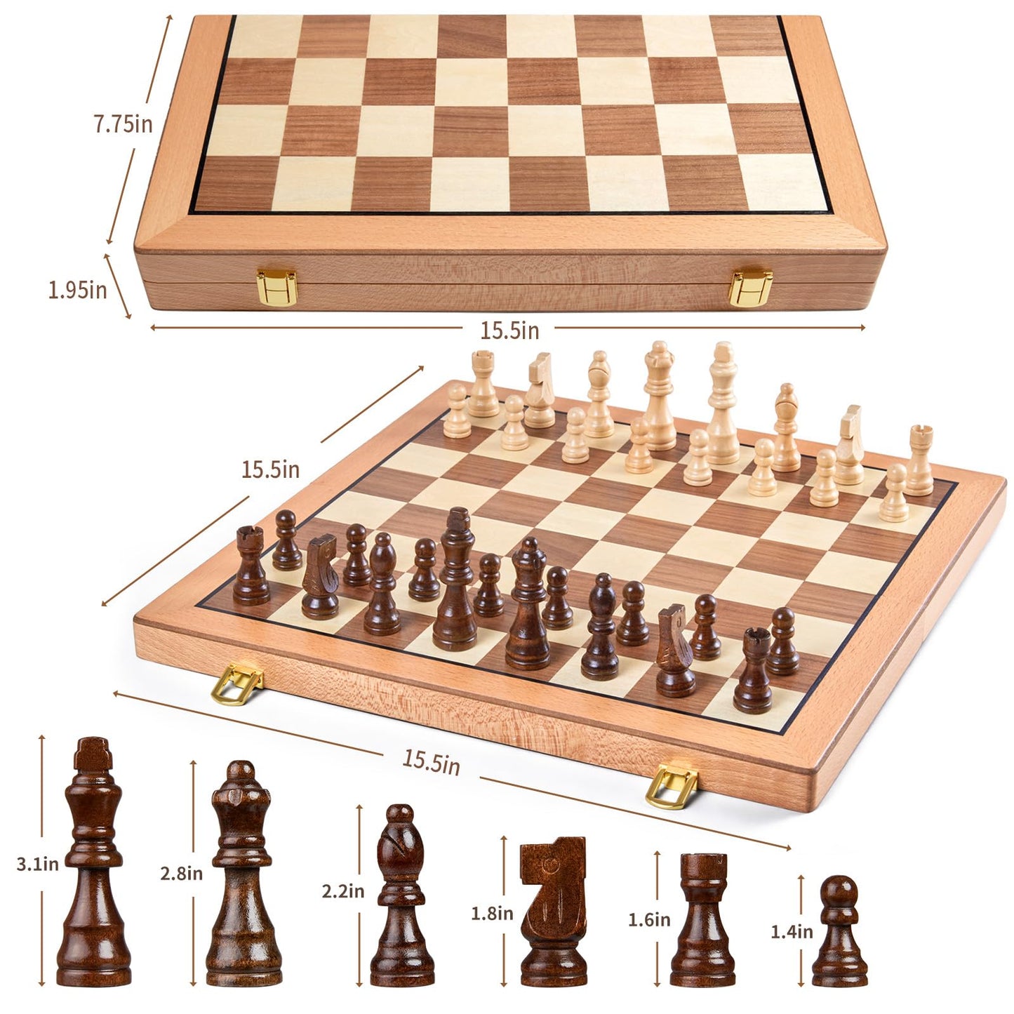 AMEROUS Magnetic Wooden Chess Set – 15-Inch Folding Travel Board with Storage & 2 Extra Queens