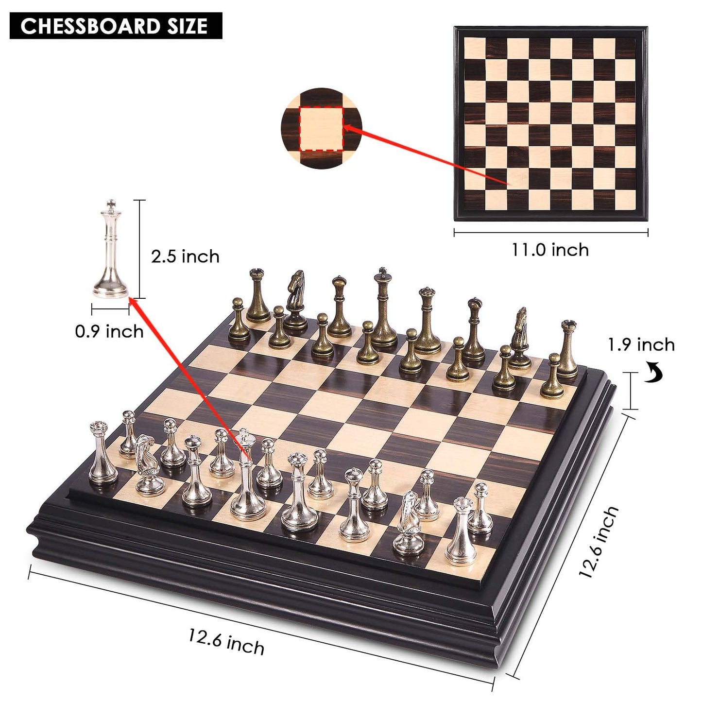 AMEROUS 12.5-Inch Wooden Chess Set with Metal Pieces – Portable & Elegant