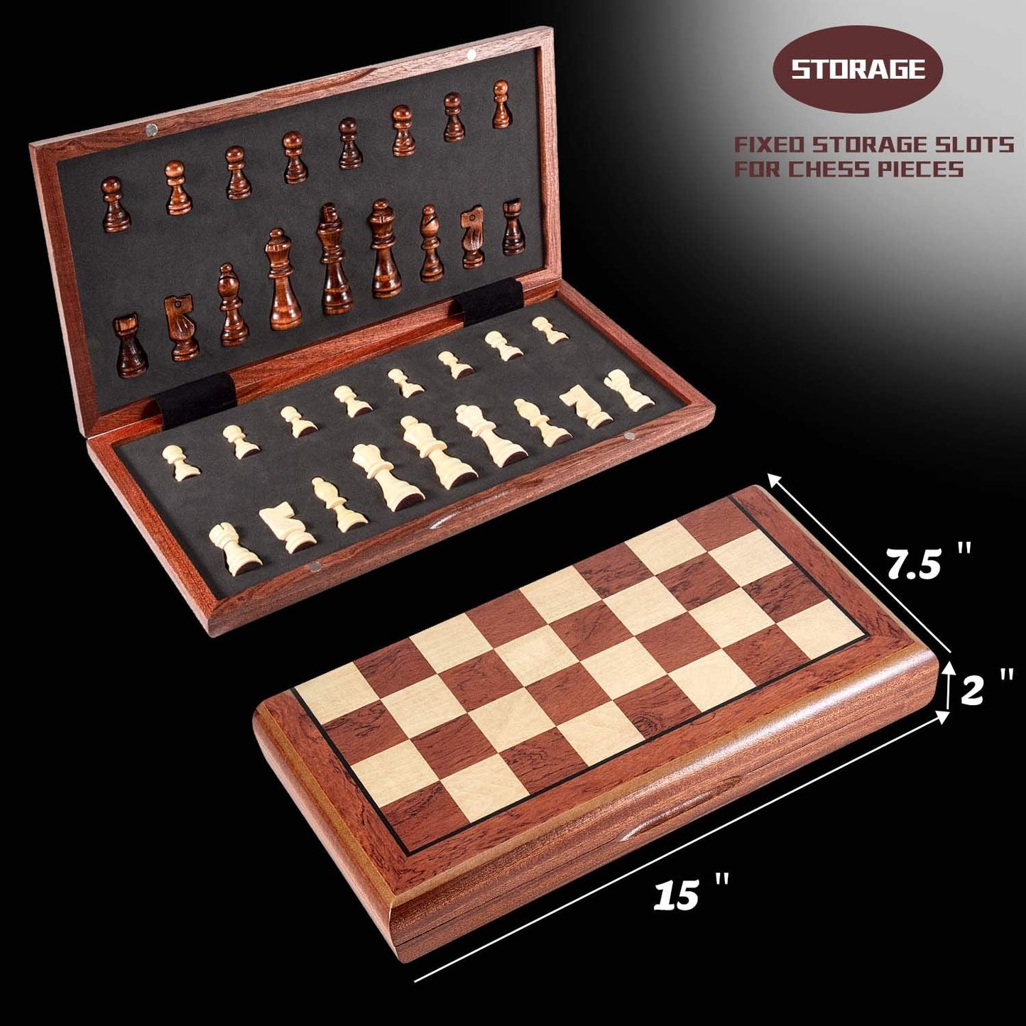 AMEROUS 15-inch Magnetic Wooden Chess Set - Folding Board, 2 Extra Queens, Travel Gift Box
