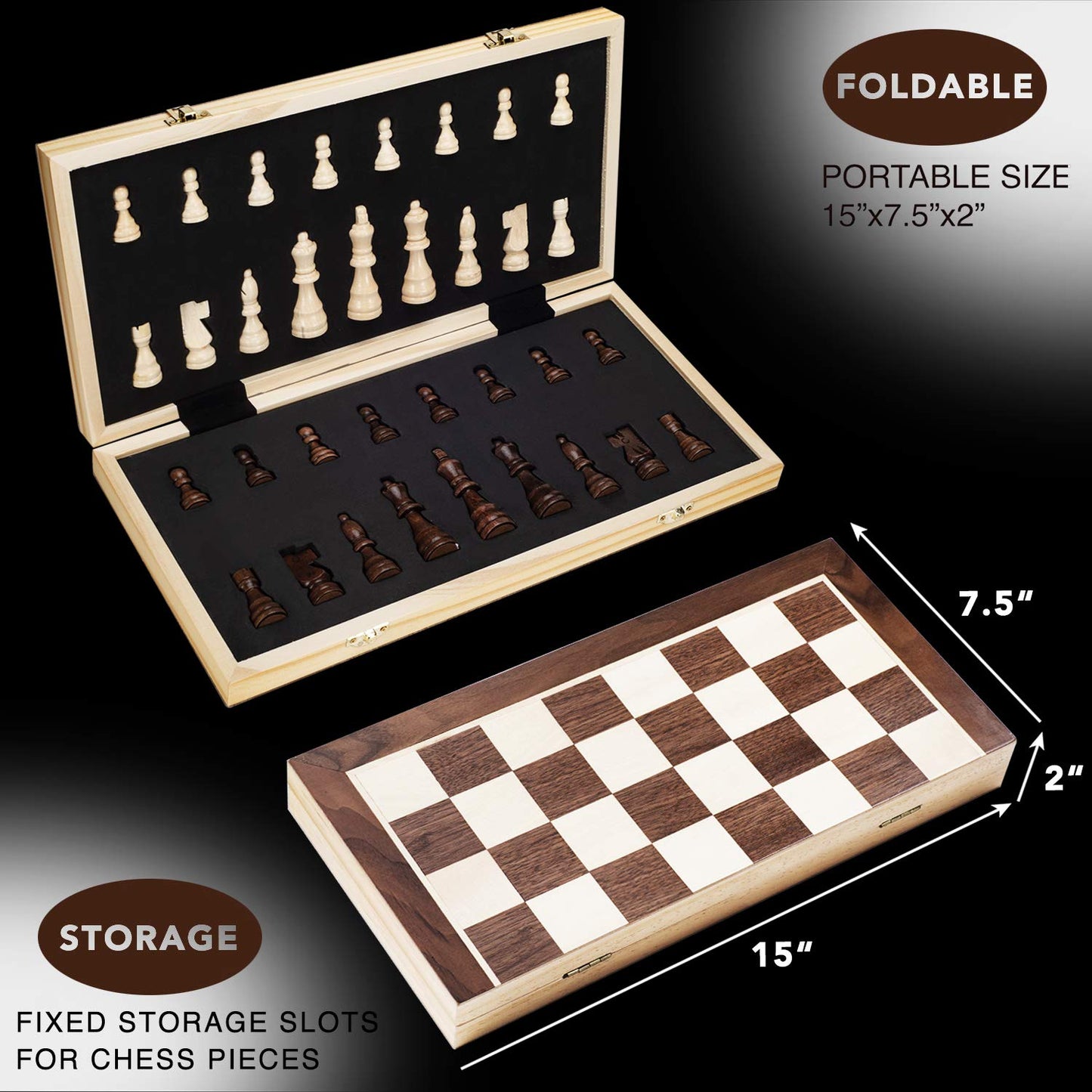 AMEROUS 15-Inch Magnetic Wooden Chess Set – Folding Travel Chess with 2 Extra Queens