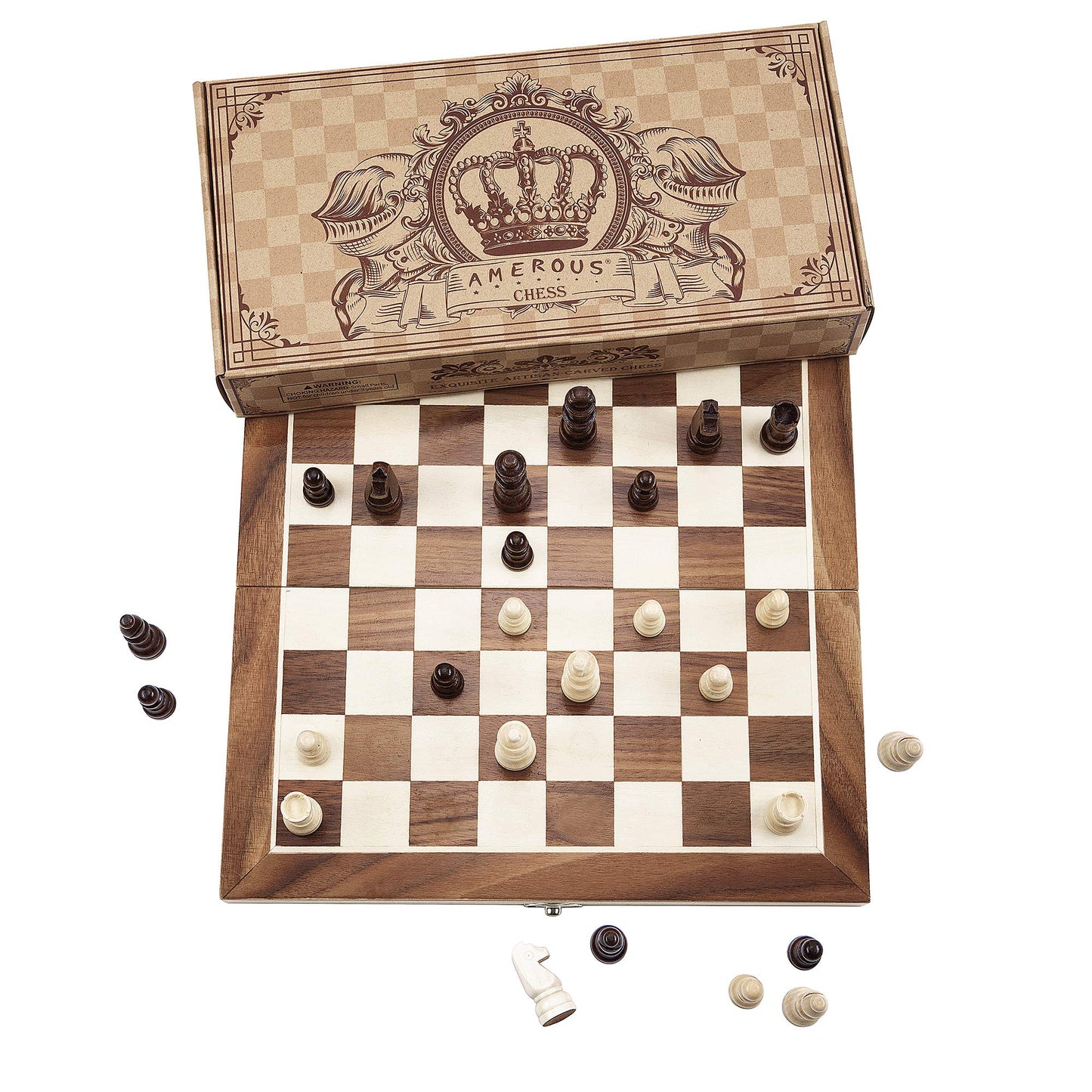 AMEROUS 12x12 Magnetic Wooden Chess Set — Folding Travel Board with Storage & 2 Bonus Queens