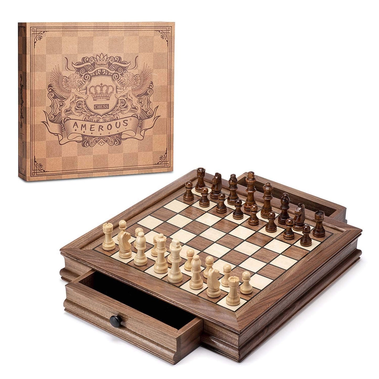 AMEROUS Magnetic Wooden Chess Set – 12.8-Inch Walnut Board, 2 Drawers, Bonus Queens, Gift Packaging