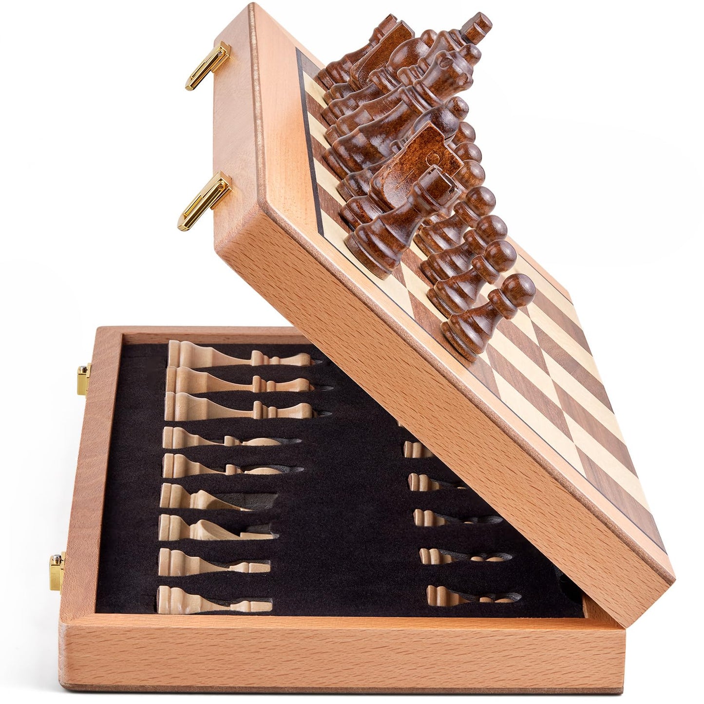 AMEROUS Magnetic Wooden Chess Set – 15-Inch Folding Travel Board with Storage & 2 Extra Queens