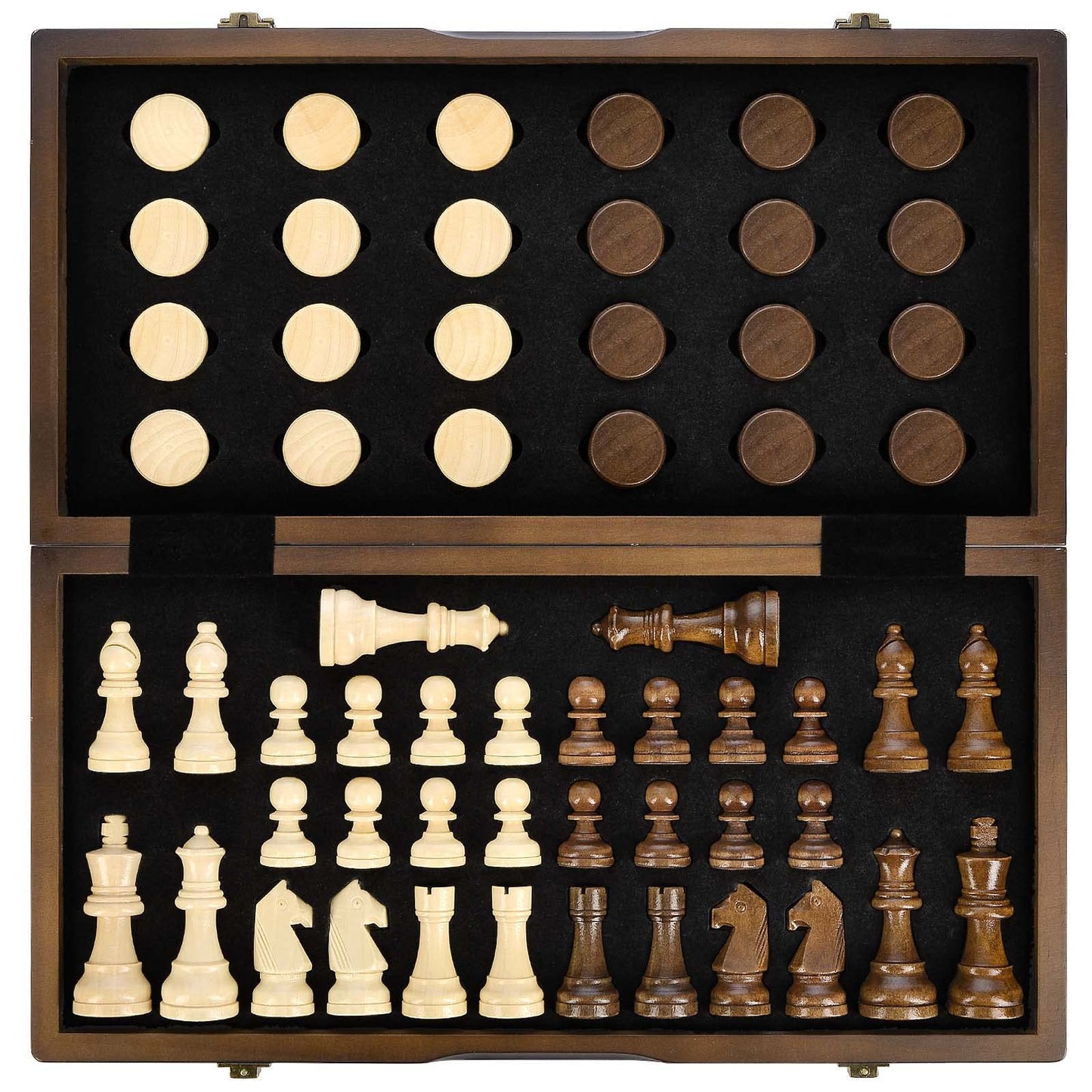 AMEROUS 15-Inch Magnetic Wooden Chess & Checkers Set – 2-in-1 Travel Chess Board