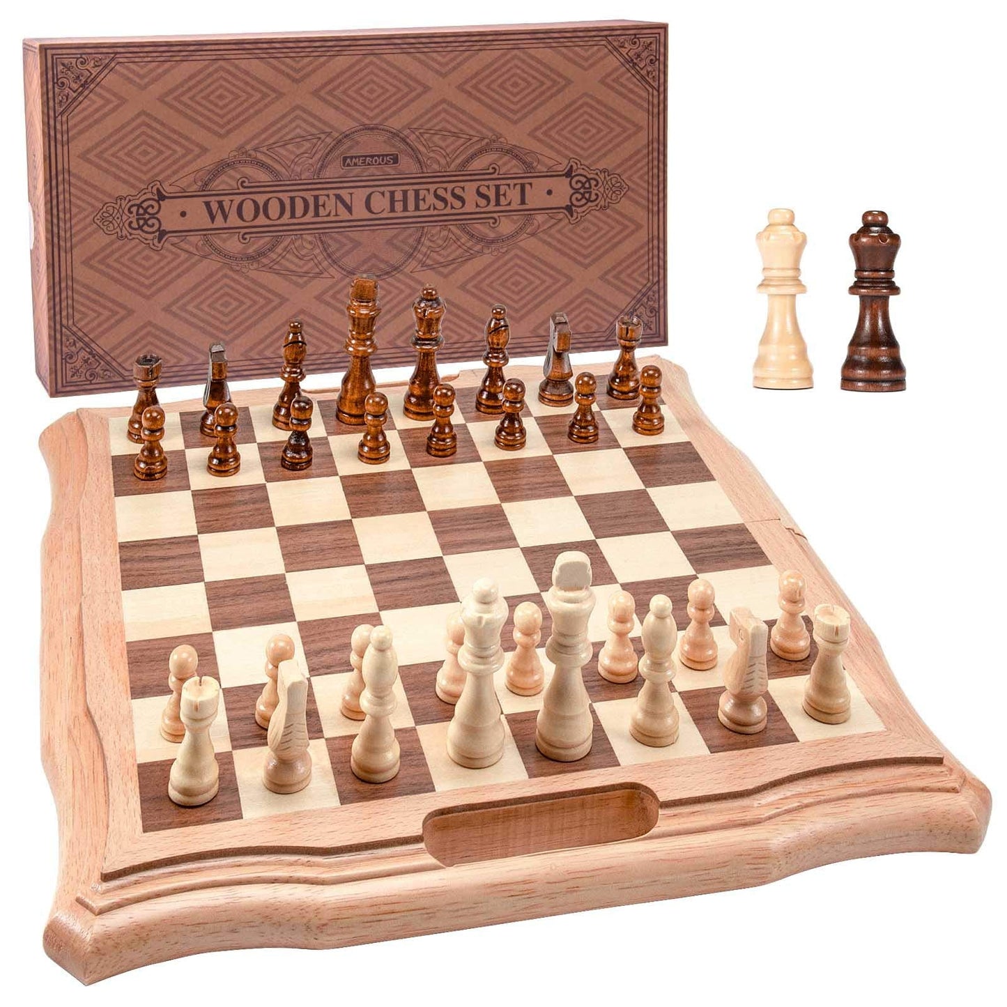 AMEROUS 15.6'' Magnetic Wooden Chess Set – Folding Board, 2 Extra Queens, Gift Package
