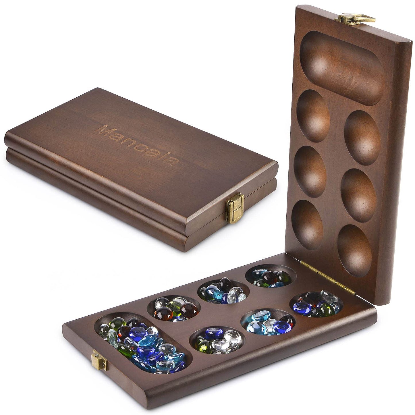 AMEROUS Wooden Mancala Board Game Set – Folding Board, 72+8 Glass Stones