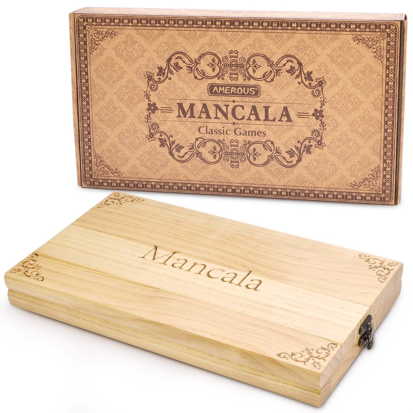 AMEROUS Wooden Mancala Board Game Set – Upgraded Large Size, 72+8 Glass Stones, Folding Board, Gift Package