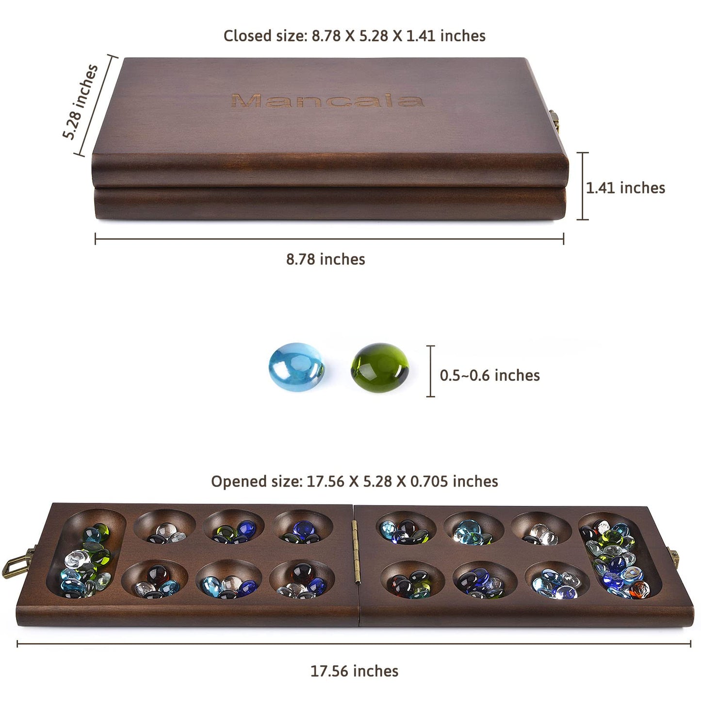 AMEROUS Wooden Mancala Board Game Set – Folding Board, 72+8 Glass Stones