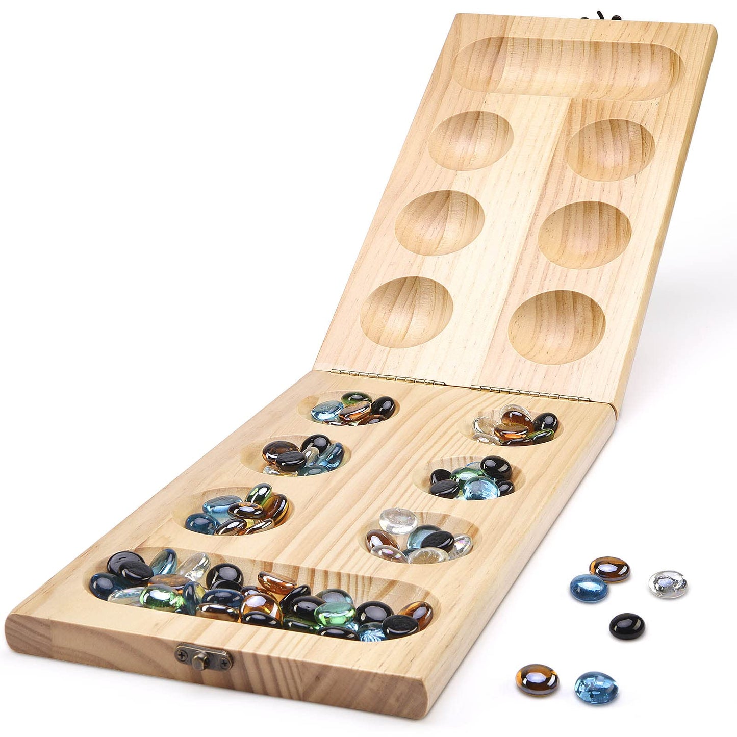 AMEROUS Wooden Mancala Board Game Set – Upgraded Large Size, 72+8 Glass Stones, Folding Board, Gift Package