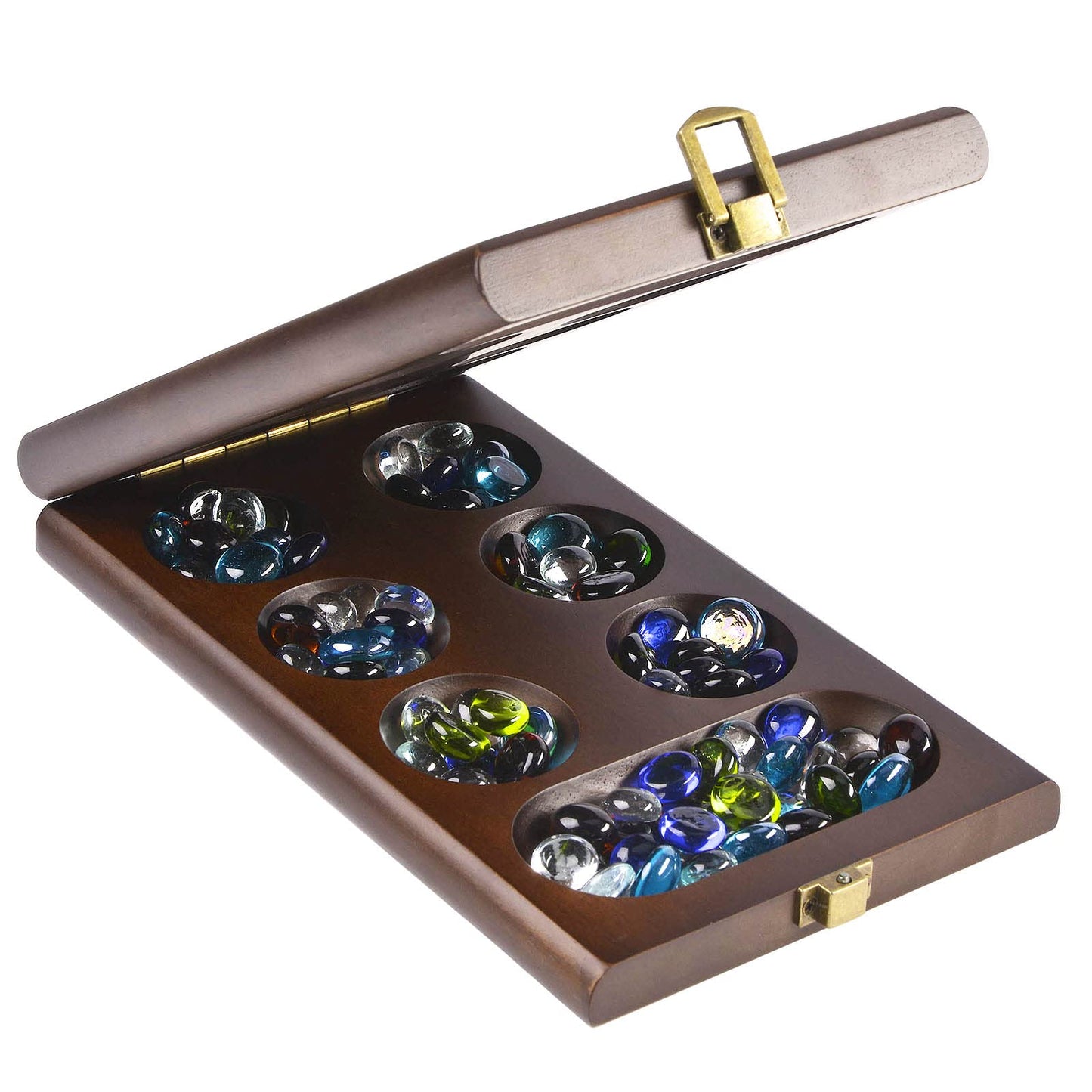 AMEROUS Wooden Mancala Board Game Set – Folding Board, 72+8 Glass Stones