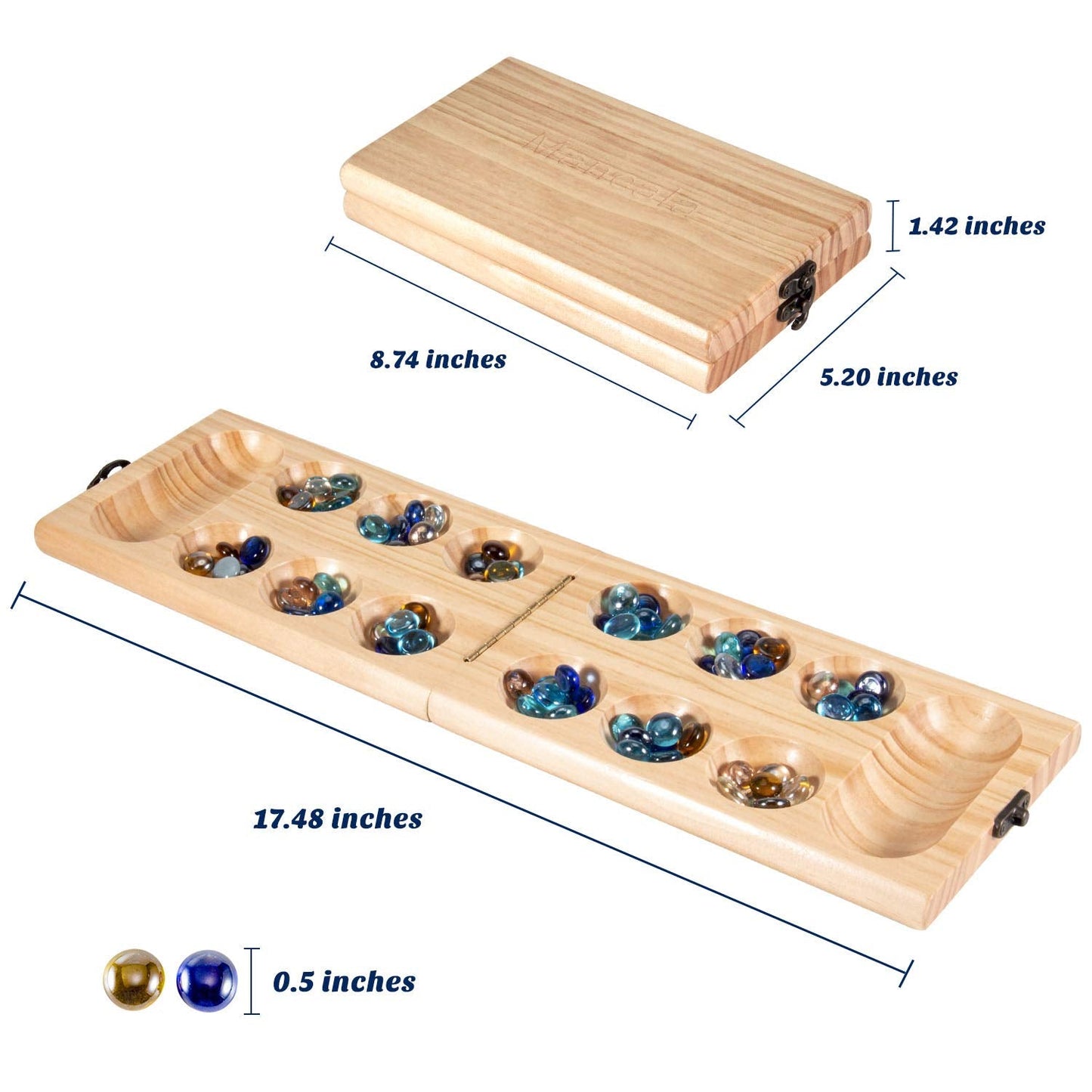 AMEROUS Wooden Mancala Board Game Set — Folding Travel Board with Glass Stones