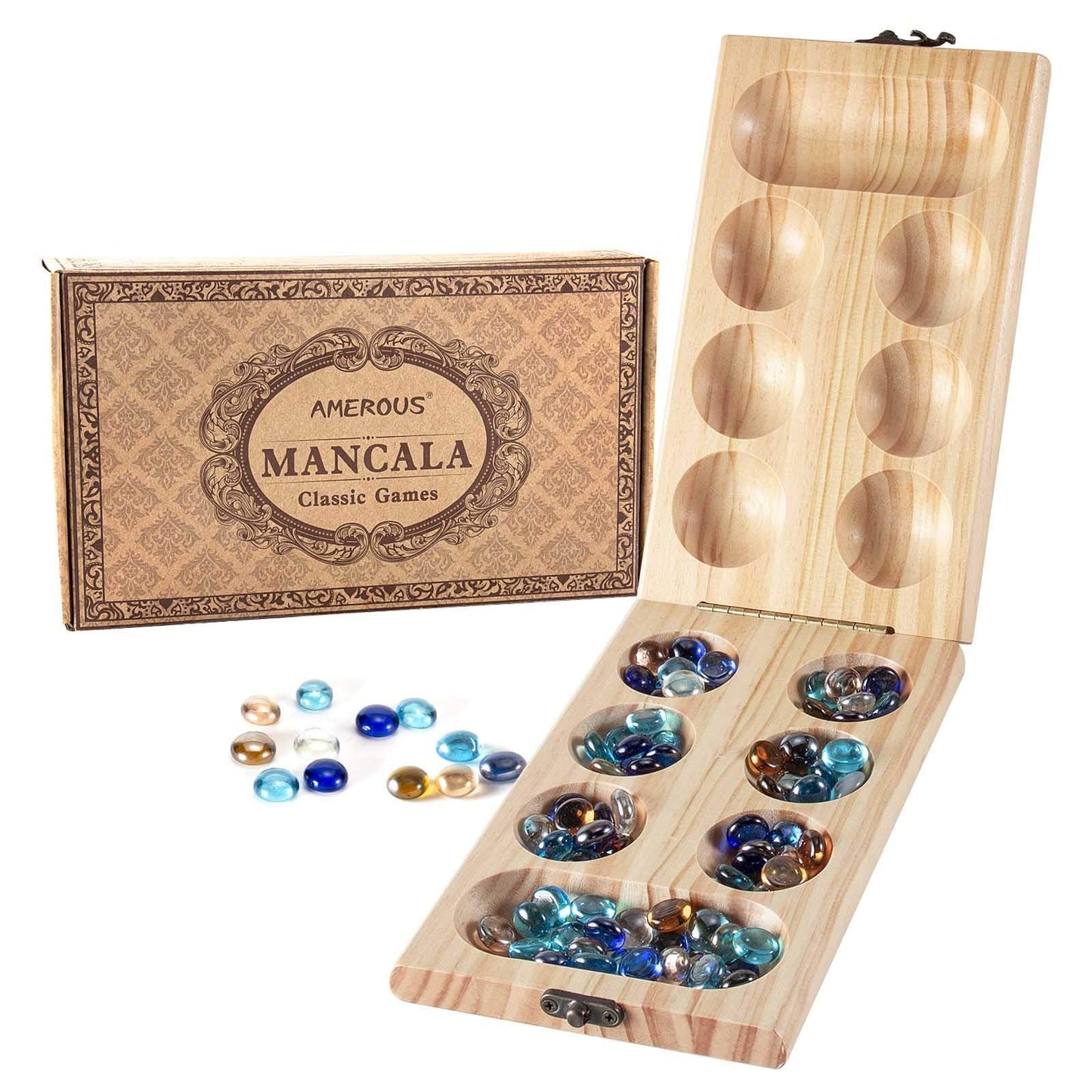 AMEROUS Wooden Mancala Board Game Set — Folding Travel Board with Glass Stones