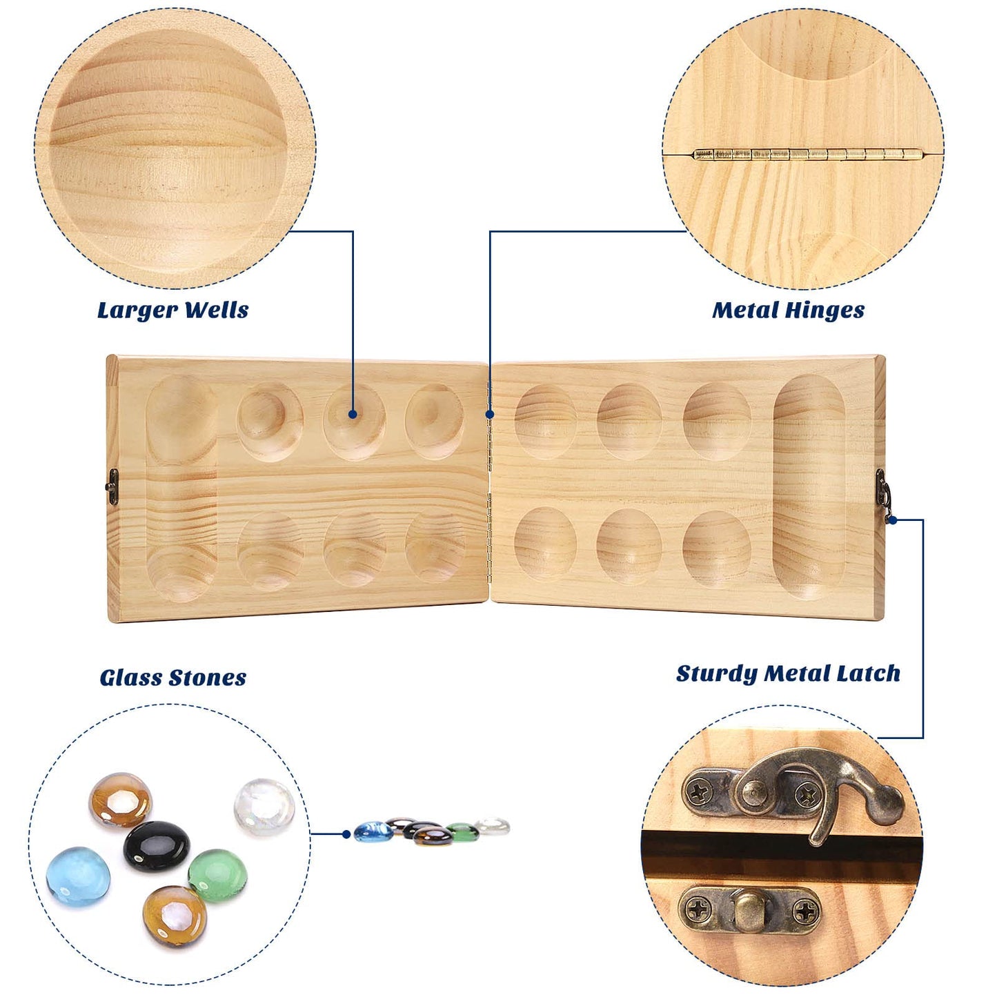 AMEROUS Wooden Mancala Board Game Set – Upgraded Large Size, 72+8 Glass Stones, Folding Board, Gift Package