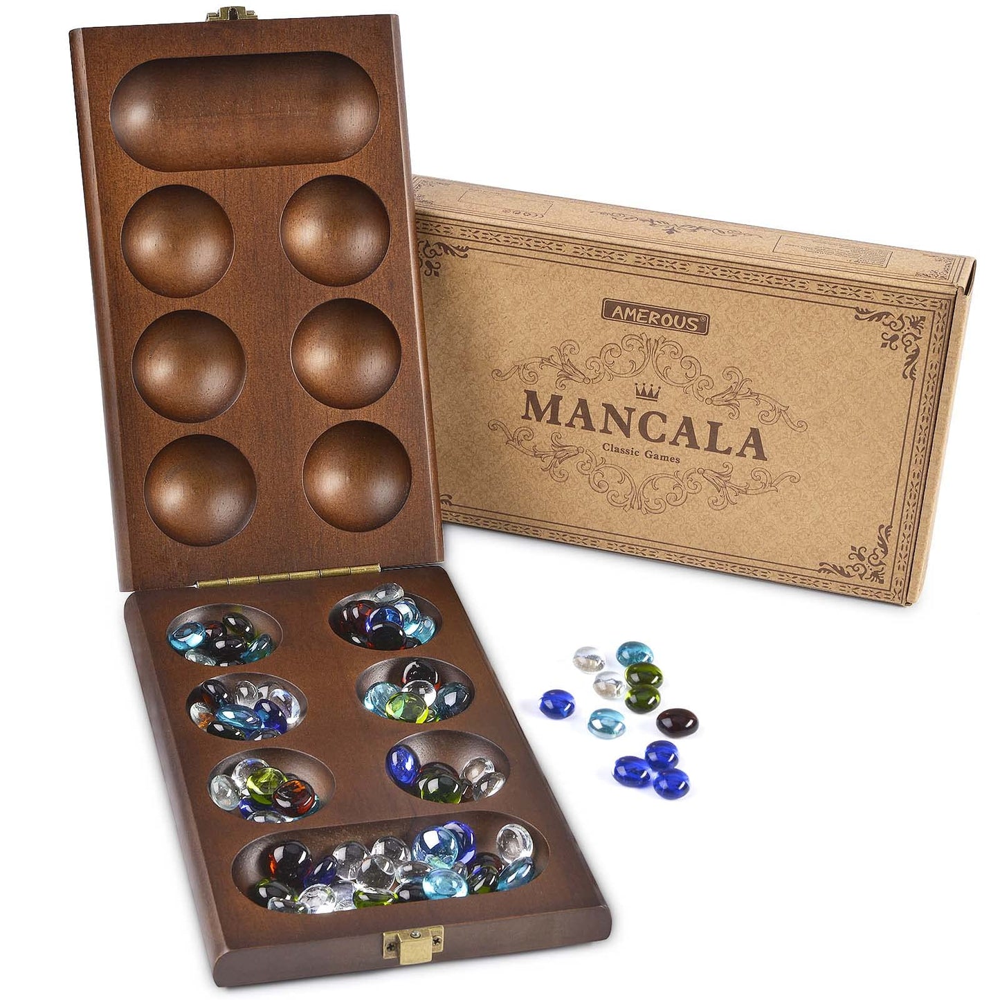 AMEROUS Wooden Mancala Board Game Set – Folding Board, 72+8 Glass Stones