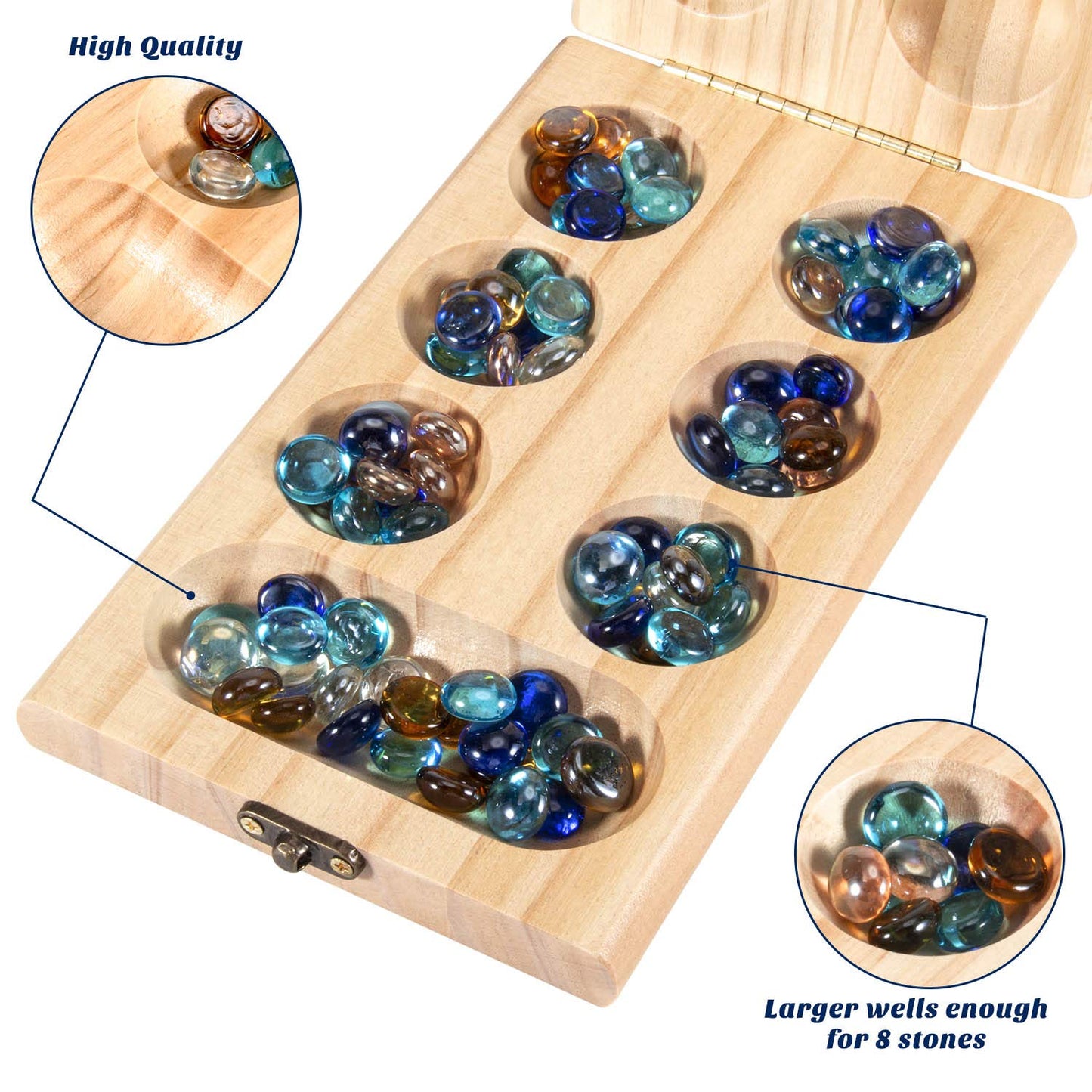 AMEROUS Wooden Mancala Board Game Set — Folding Travel Board with Glass Stones