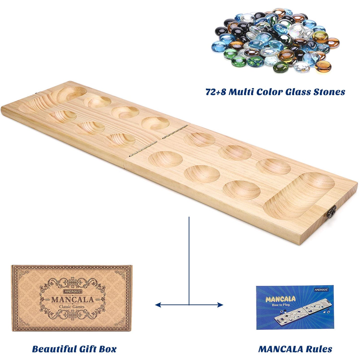 AMEROUS Wooden Mancala Board Game Set – Upgraded Large Size, 72+8 Glass Stones, Folding Board, Gift Package