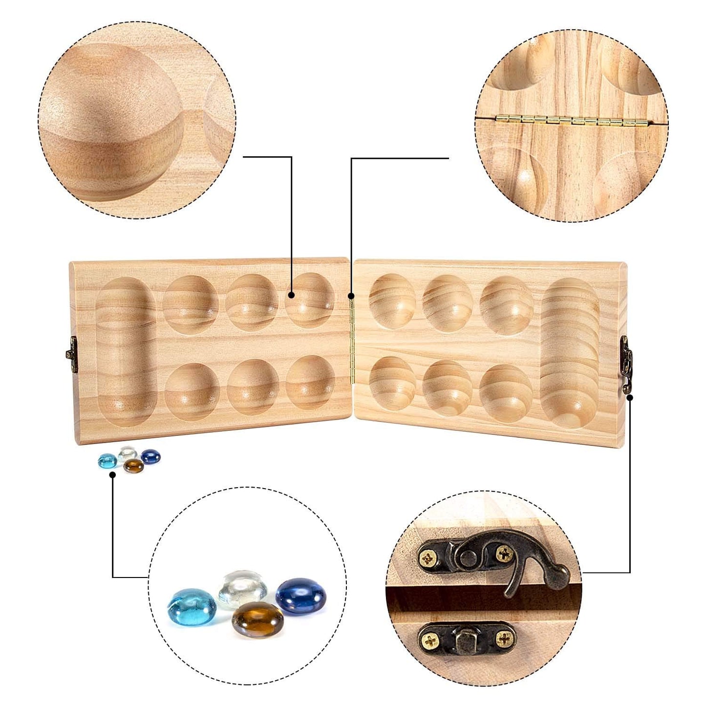 AMEROUS Wooden Mancala Board Game Set — Folding Travel Board with Glass Stones