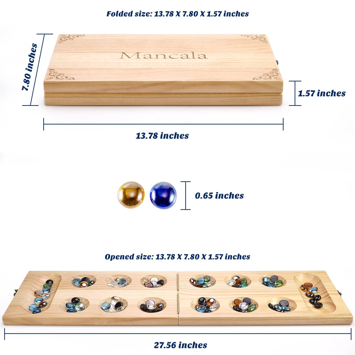 AMEROUS Wooden Mancala Board Game Set – Upgraded Large Size, 72+8 Glass Stones, Folding Board, Gift Package