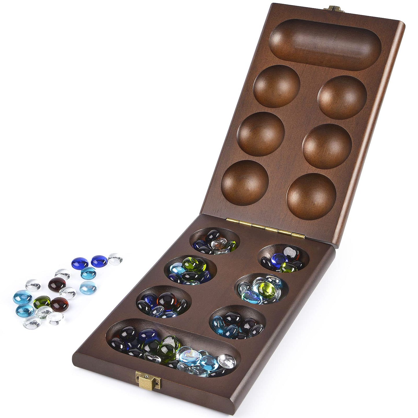 AMEROUS Wooden Mancala Board Game Set – Folding Board, 72+8 Glass Stones