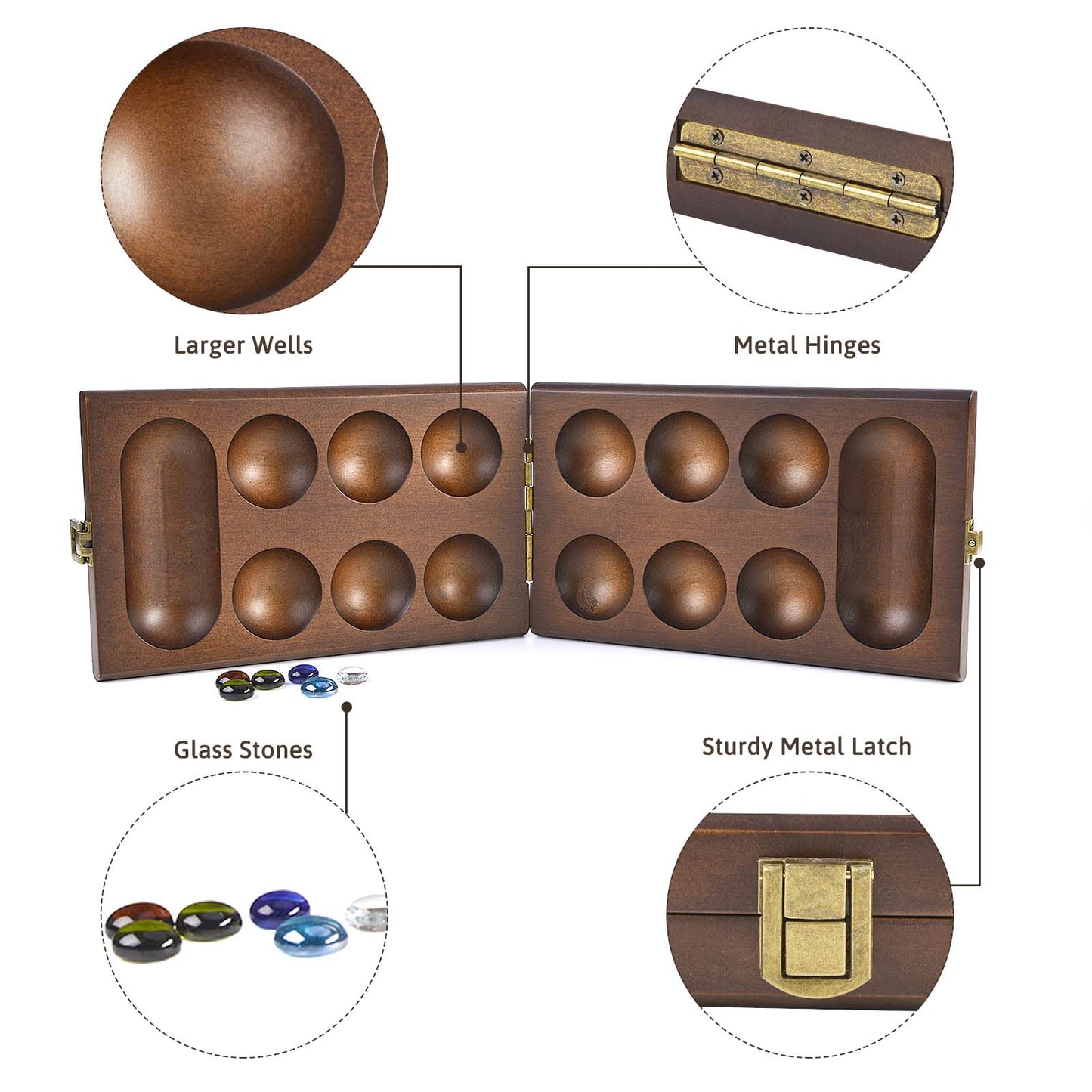 AMEROUS Wooden Mancala Board Game Set – Folding Board, 72+8 Glass Stones