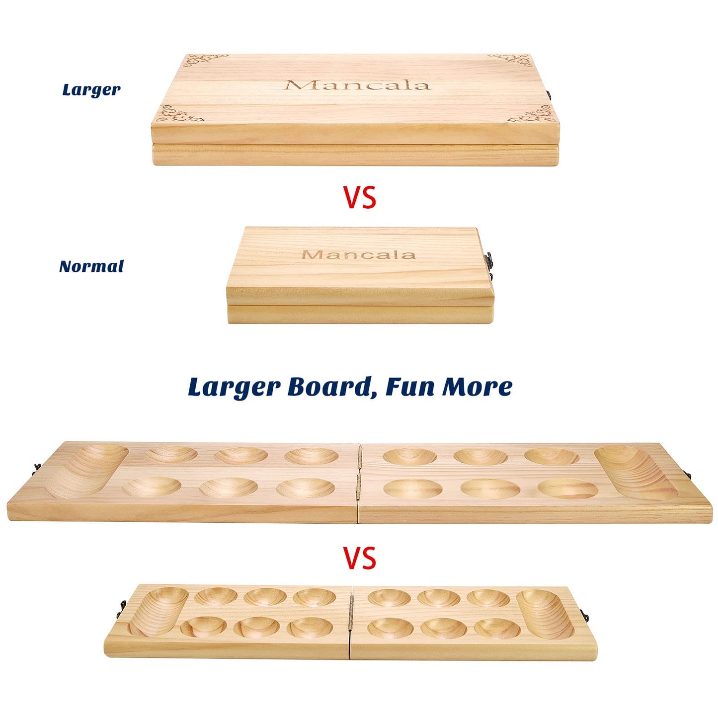 AMEROUS Wooden Mancala Board Game Set – Upgraded Large Size, 72+8 Glass Stones, Folding Board, Gift Package