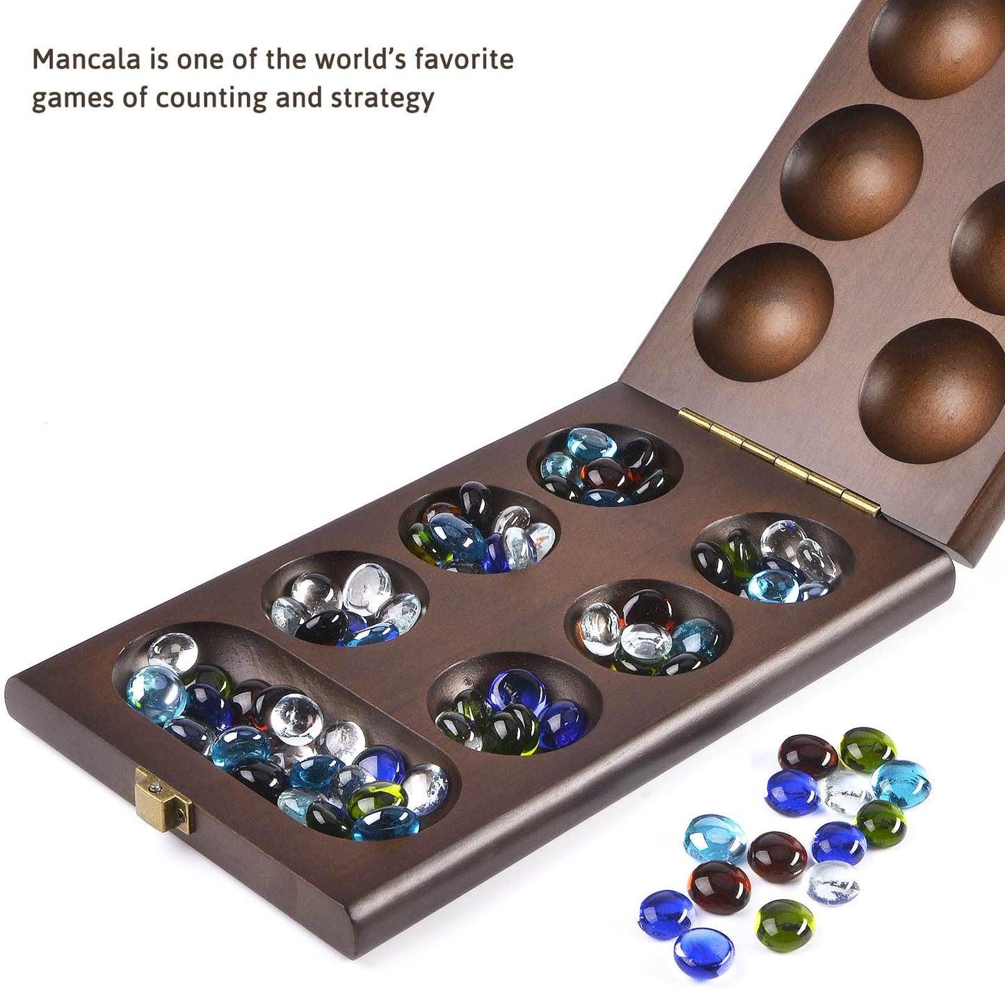 AMEROUS Wooden Mancala Board Game Set – Folding Board, 72+8 Glass Stones