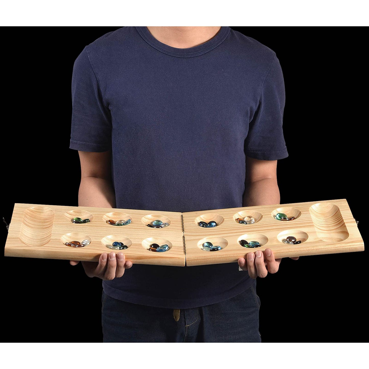 AMEROUS Wooden Mancala Board Game Set – Upgraded Large Size, 72+8 Glass Stones, Folding Board, Gift Package